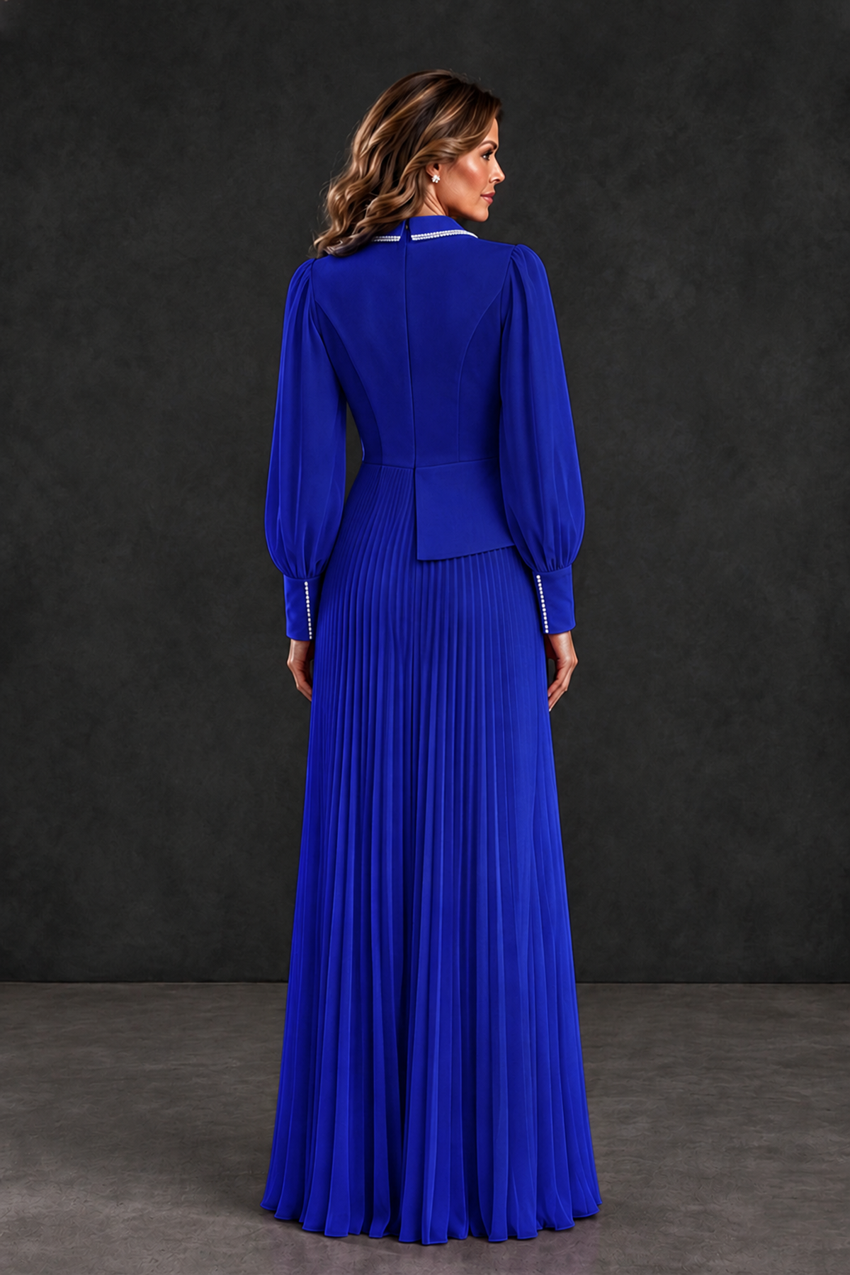 BOLODOO Royal Blue Long Sleeve Pleated Mother of the Bride Dress - Royal Blue - Royal Blue_2