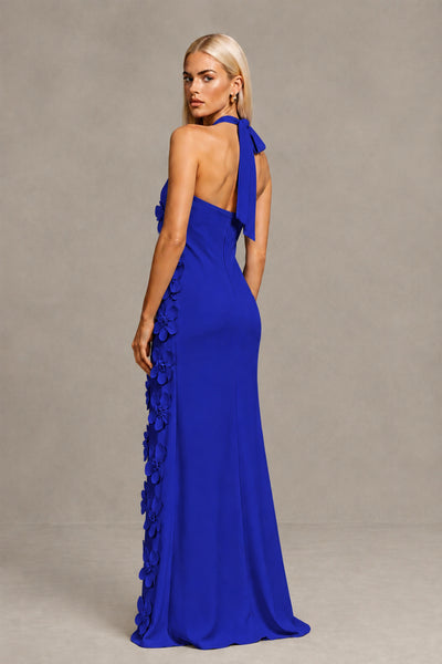 BOLODOO Royal Blue Cross Halter Neck 3D Floral Appliqué Backless Mermaid Maxi Gown - Royal Blue - Royal_Blue_2