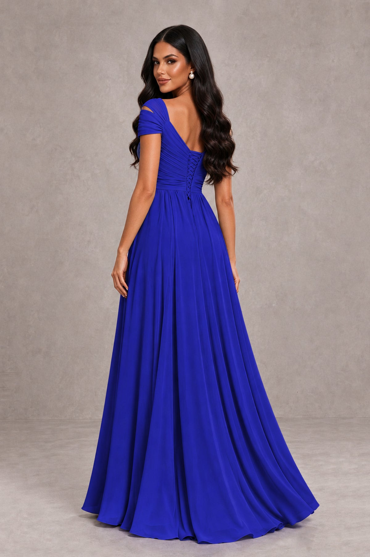 BOLODOO Royal Blue Cold Shoulder Chiffon Evening Dress with V Neck and High Slit - Royal Blue - Royal Blue_2