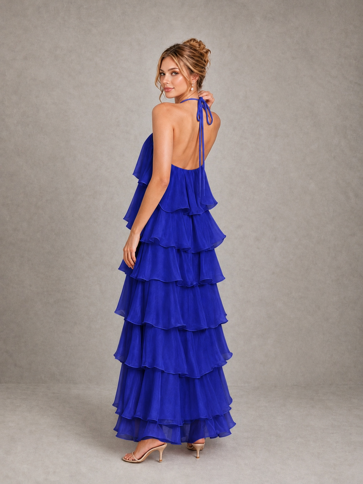 BOLODOO Royal Blue Halter Tiered Ruffle Maxi Bridesmaid Dress - Royal Blue - Royal Blue_2
