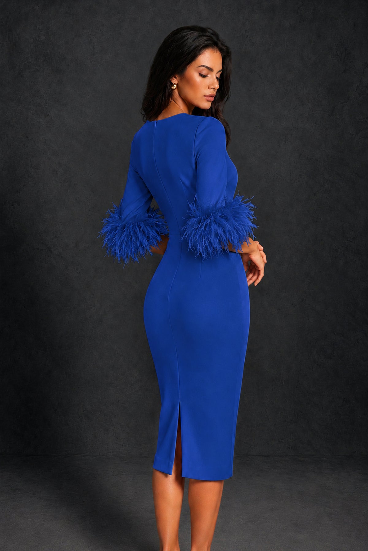 BOLODOO Royal Blue Ostrich Feather Cuff 3/4 Sleeve Round Neck Bodycon Midi Dress with Back Slit - Royal Blue