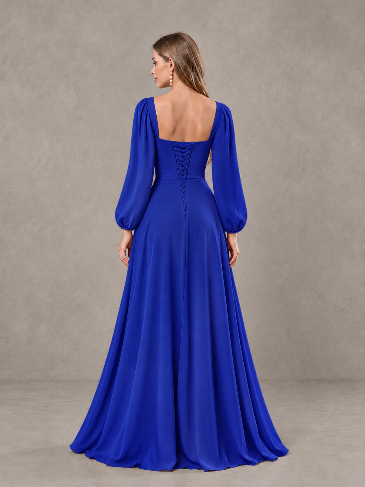 BOLODOO Royal Blue Square Neck Long Sleeve Bridesmaid Dress with Ruffle Slit - Royal Blue - Royal Blue_2