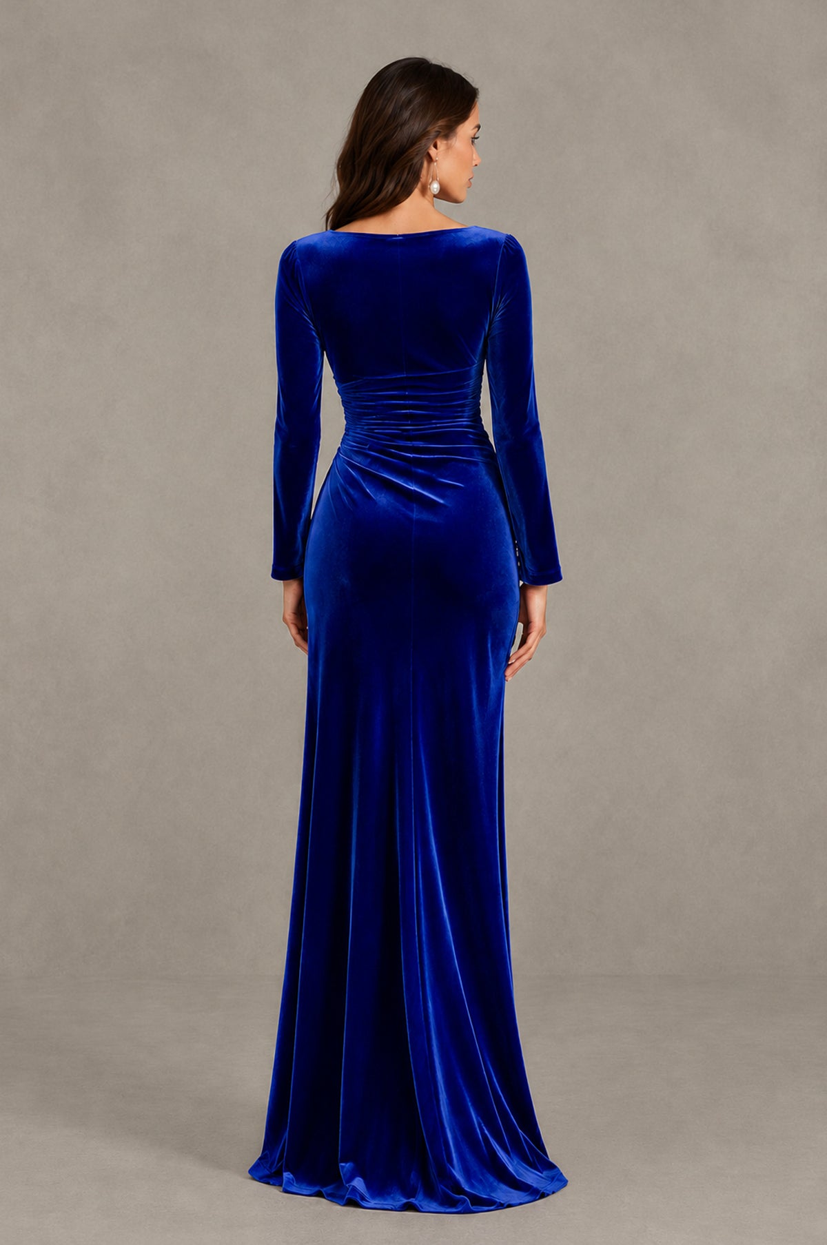 BOLODOO Royal Blue Long Sleeve V-Neck Ruched Velvet Formal Dress - Royal Blue - Royal Blue_2
