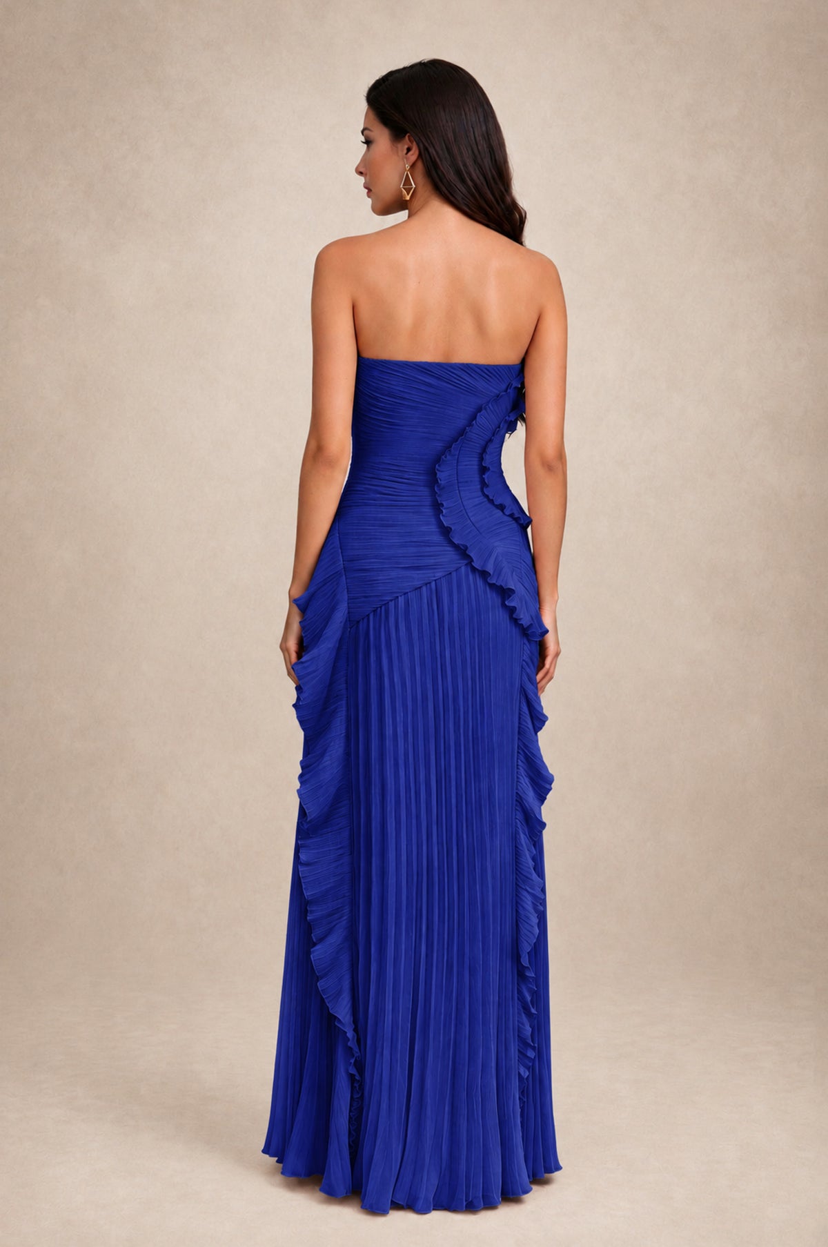 BOLODOO Royal Blue Strapless Ruffle Pleated Slit Evening Gown - Royal Blue - Royal Blue_2