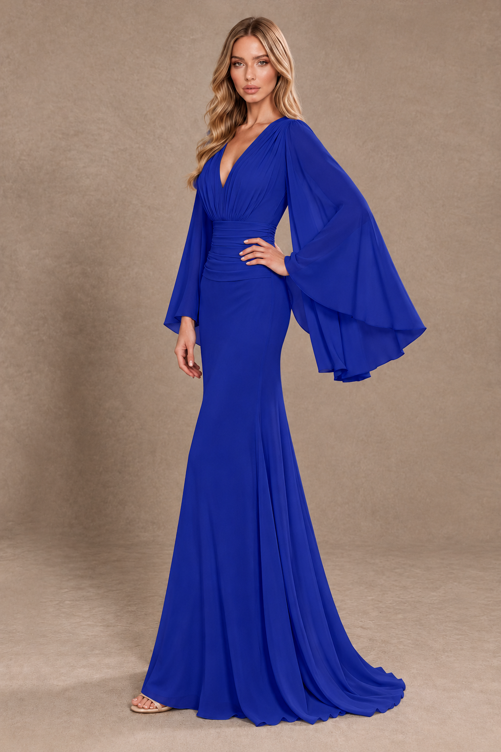 BOLODOO Royal Blue Cape Sleeve V-Neck Ruched Chiffon Evening Dress - Royal Blue - Royal Blue_2