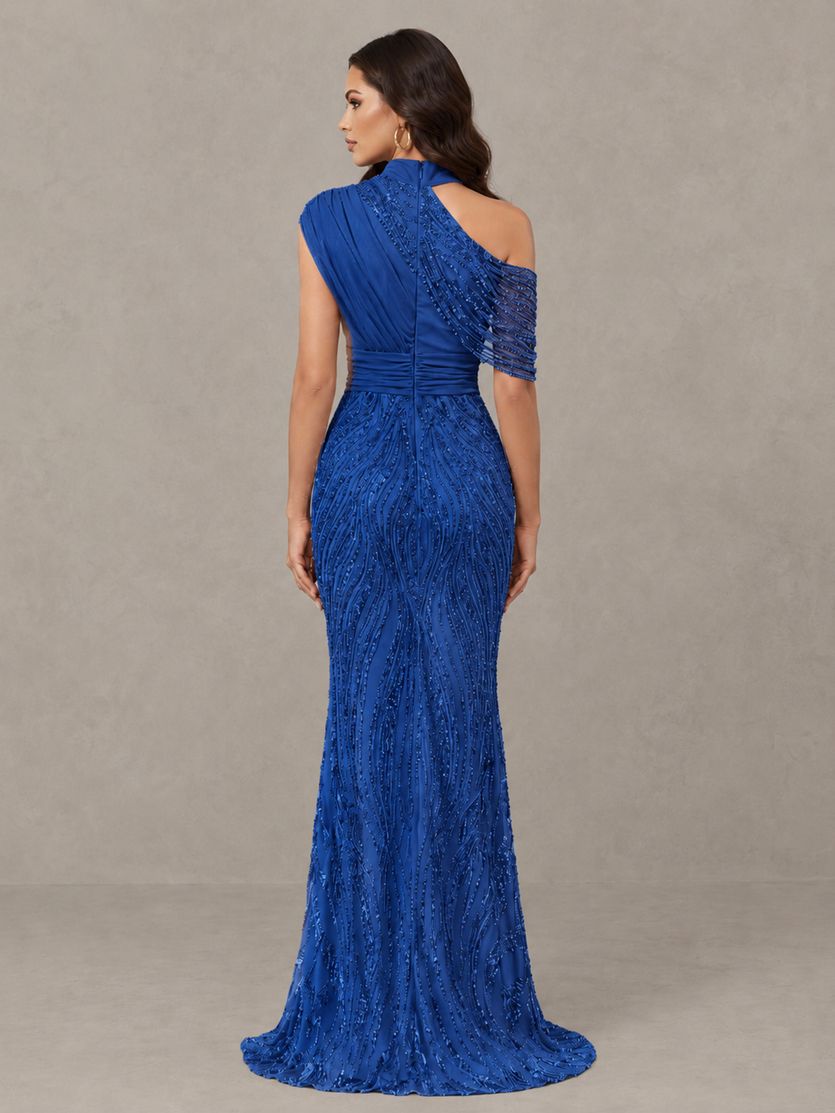 BOLODOO Royal Blue High Neck Draped Sequin Mermaid Evening Gown - Royal Blue - Royal Blue_2