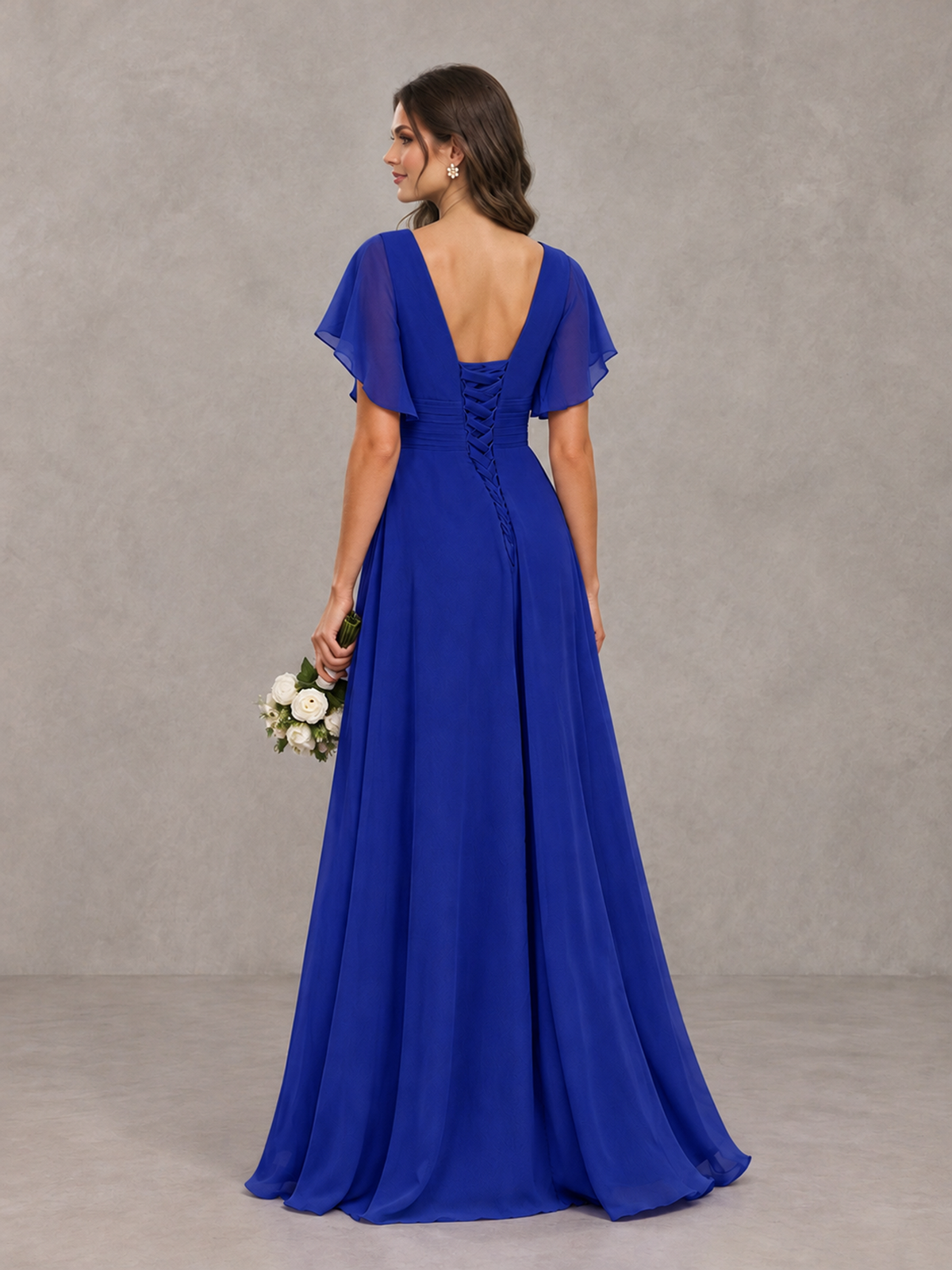 BOLODOO Royal Blue Flutter Sleeve V-Neck Bridesmaid Dress with Ruffle Slit - Royal Blue - Royal Blue_2