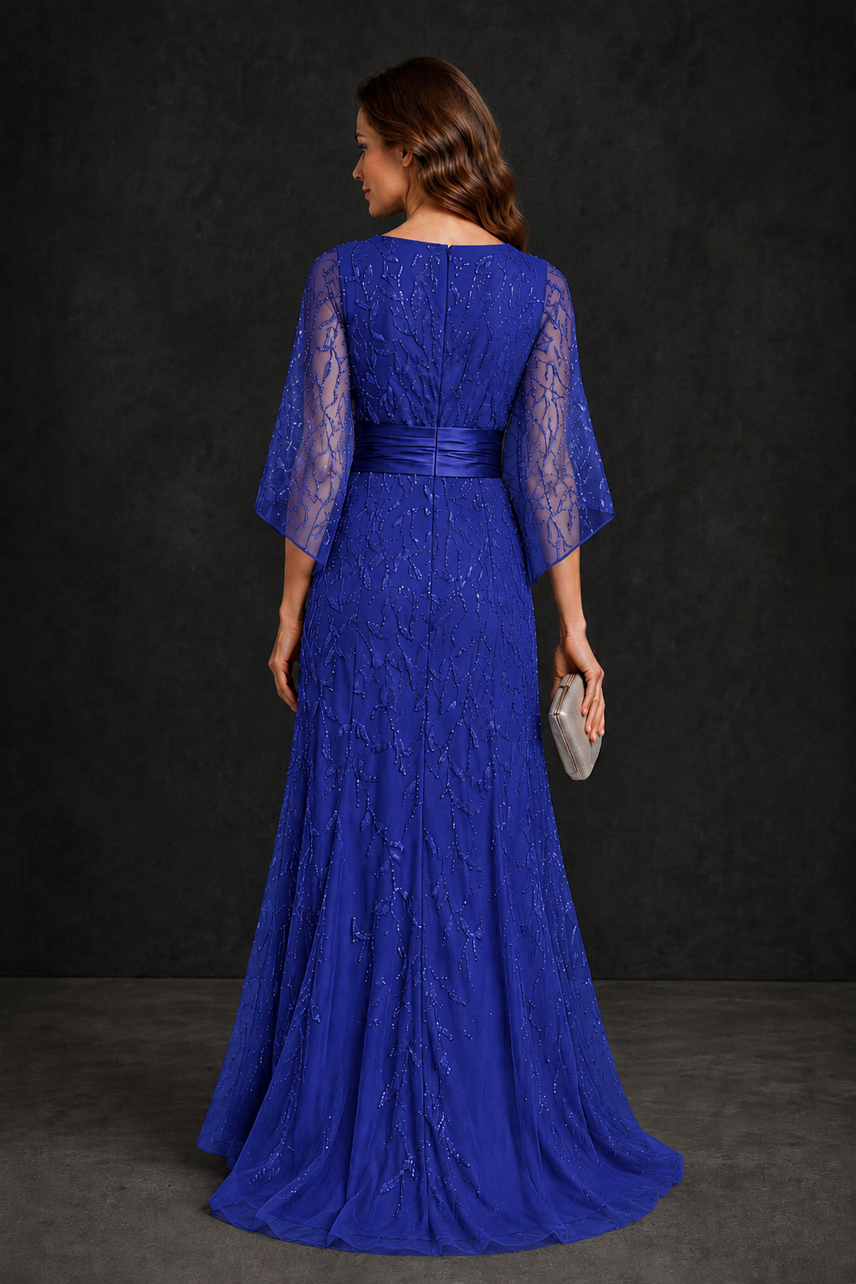 BOLODOO Royal Blue Bateau Neck Bell Sleeve Sequin Embroidered Satin Waist A-Line Maxi Dress - Royal Blue - Royal_Blue_2