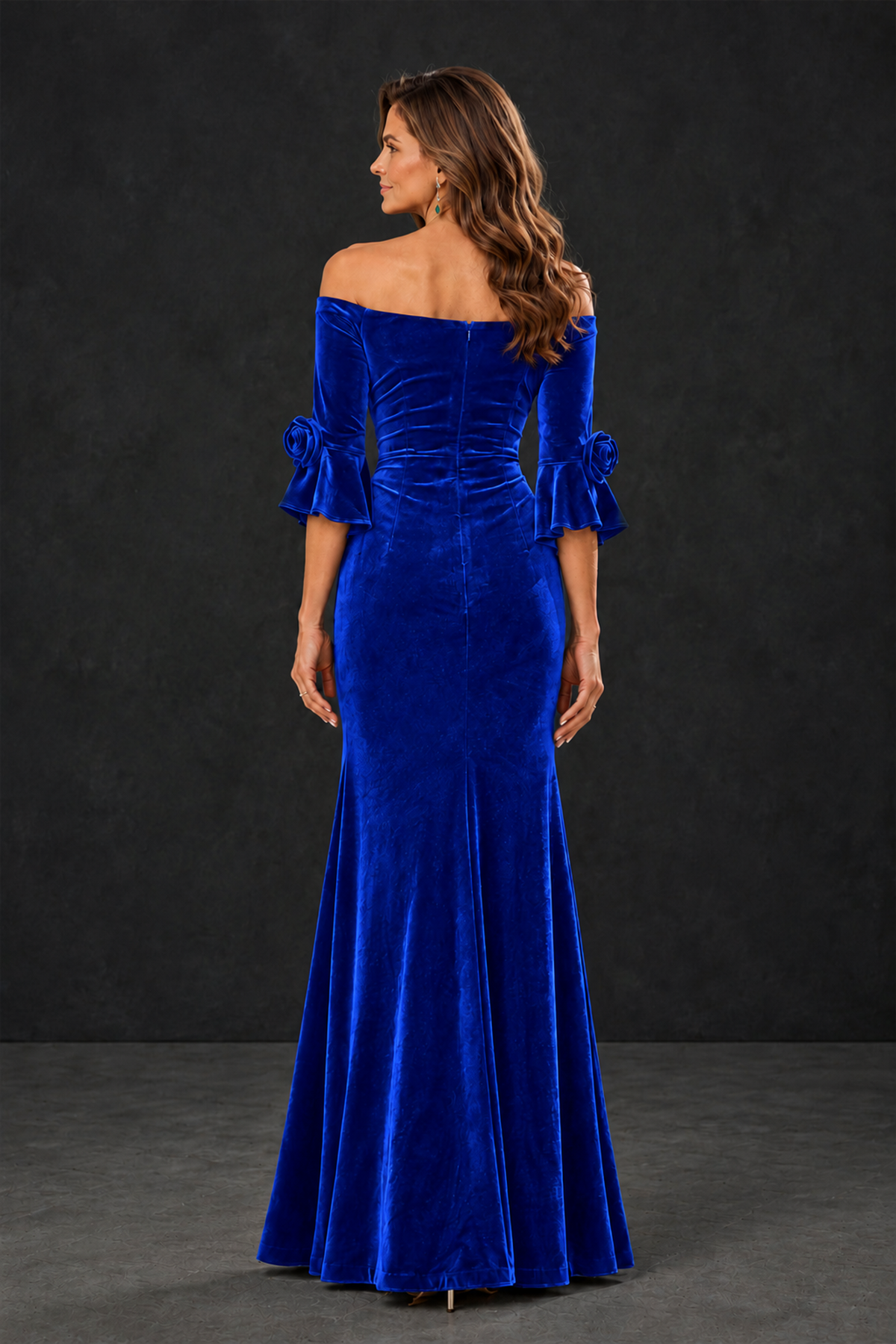 BOLODOO Royal Blue Velvet Mother of the Bride Dress with Rosette Sleeves - Royal Blue - Royal_Blue_2