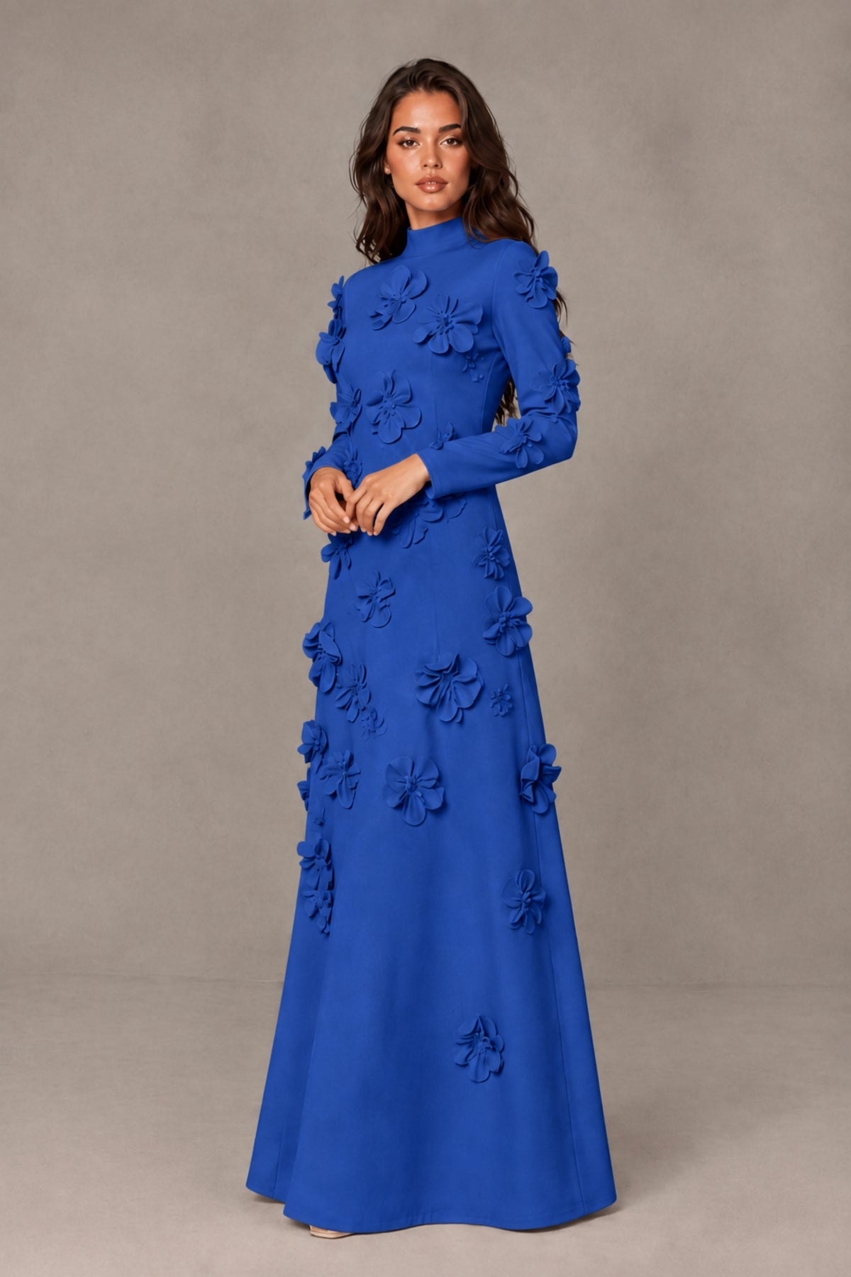 BOLODOO Royal Blue High Neck Long Sleeve 3D Floral Evening Gown - Royal Blue