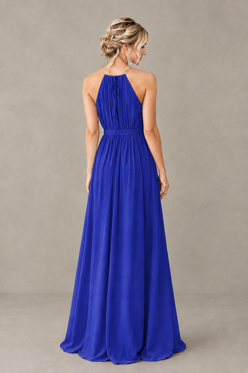 BOLODOO Royal Blue Halter Chiffon Bridesmaid Dress with High Slit - Royal Blue