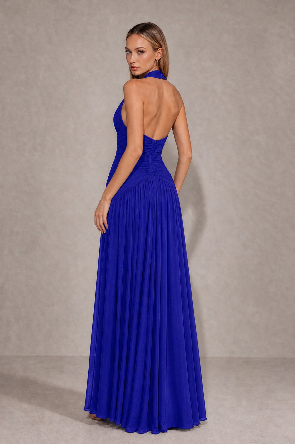 BOLODOO Royal Blue Chiffon Halter Deep V-Neck Ruched A-Line Backless Maxi Dress with Train-BD0167 - Royal Blue - Royal Blue_2