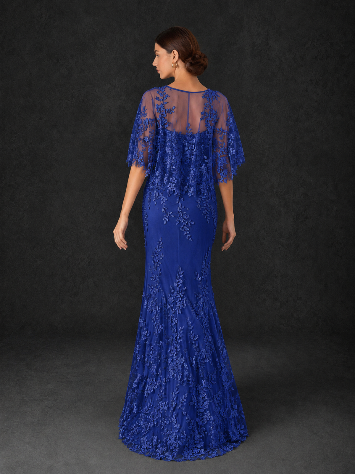 BOLODOO Mocha Rose Botanical Lace Flutter Sleeve Mermaid Gown - Royal Blue - Royal Blue