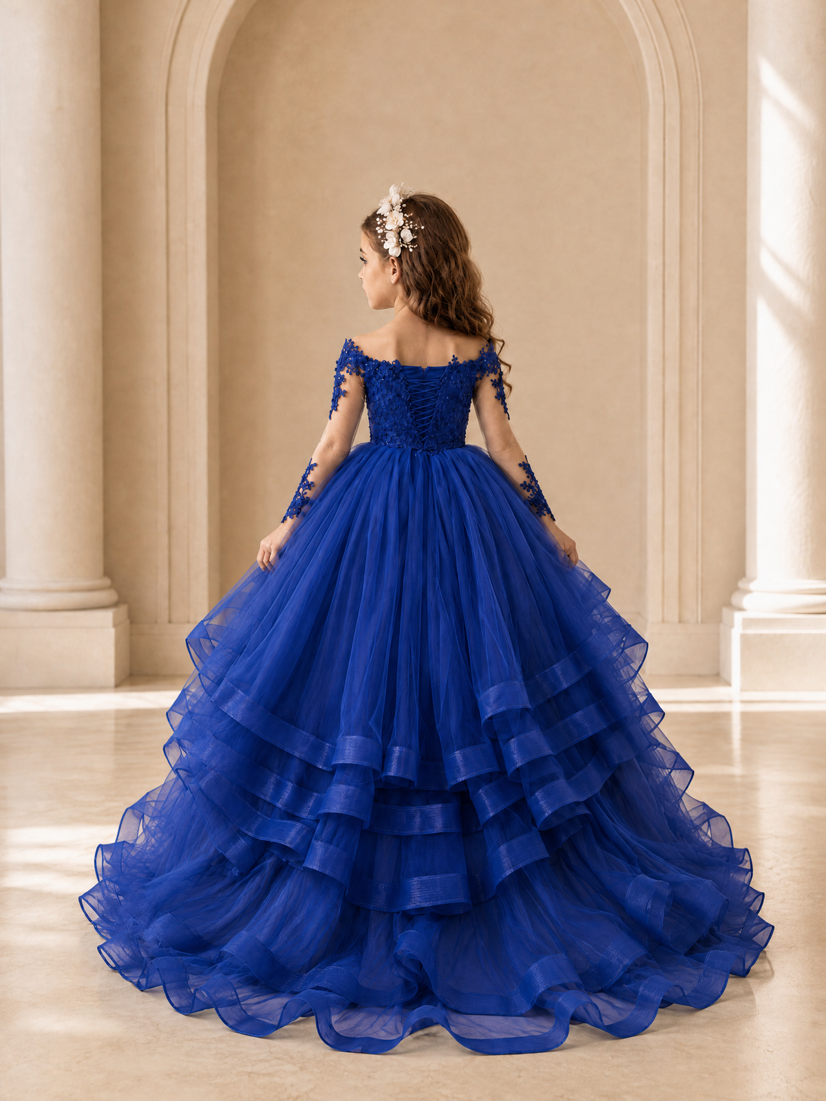 BOLODOO Royal Blue Lace Long Sleeve Tiered Flower Girl Dress - Royal Blue - Royal_Blue_2