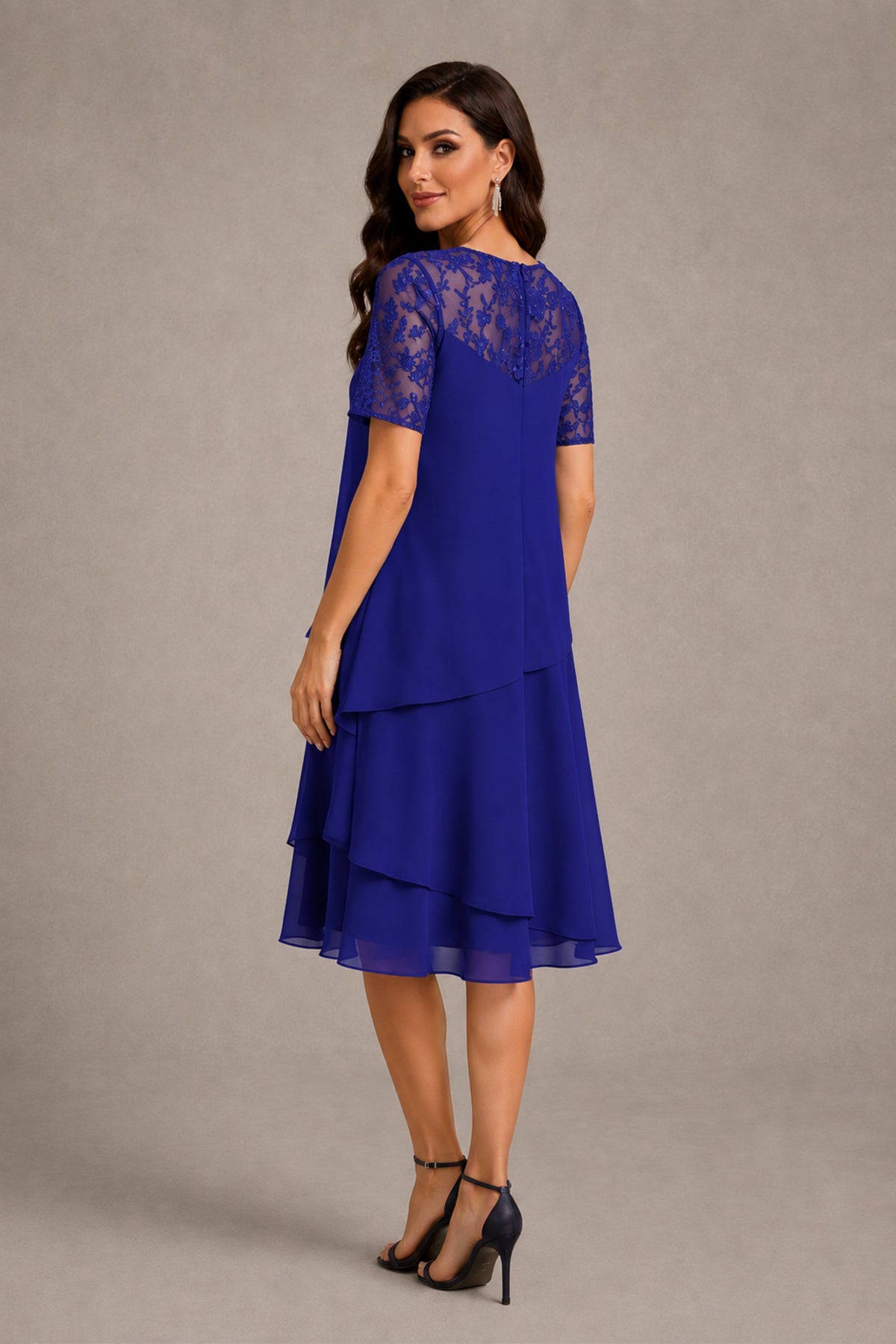 BOLODOO Royal Blue Illusion Lace Short Sleeve Tiered Chiffon Tea Length Dress | Mother of the Bride Midi Dress - Royal Blue