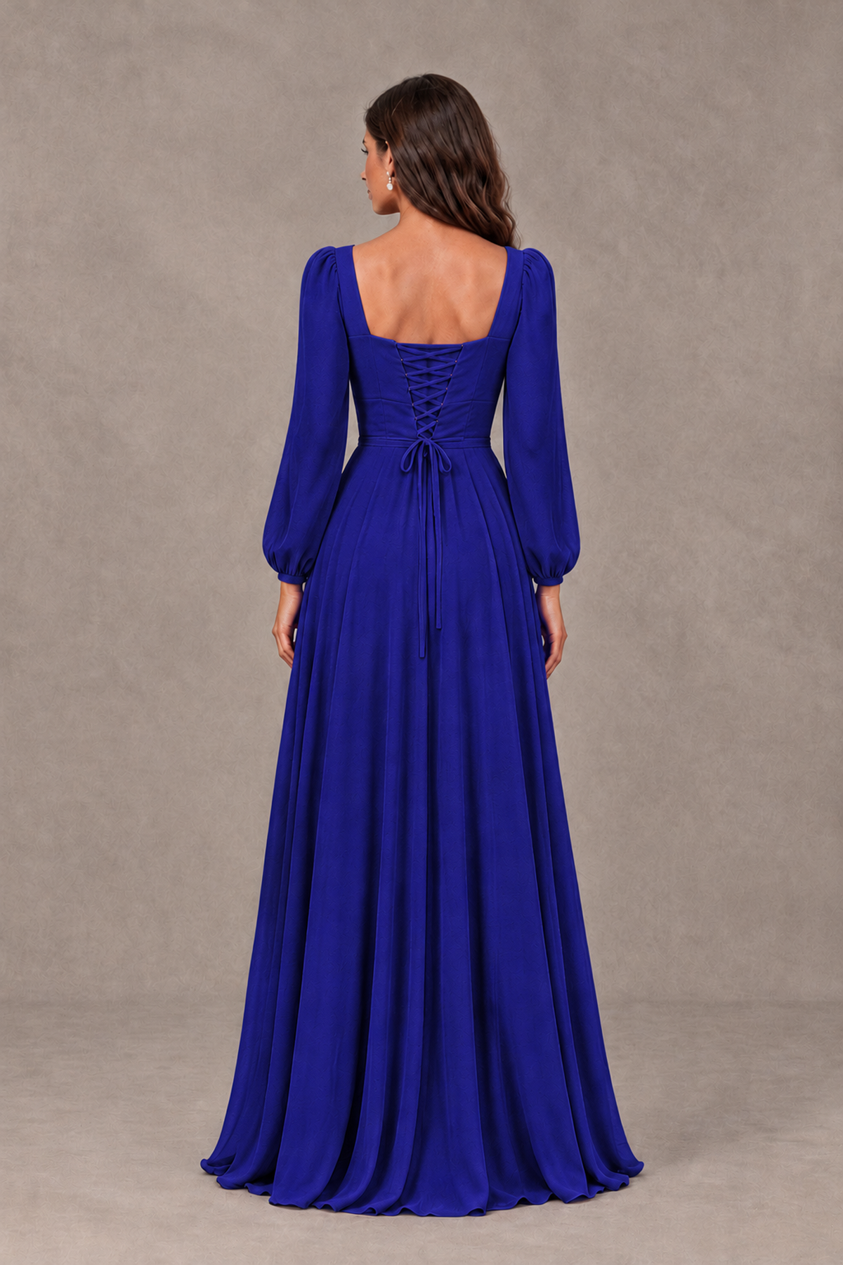 BOLODOO Royal Blue Square Neck Long Sleeve A-Line Bridesmaid Dress - Royal Blue - Royal Blue_2