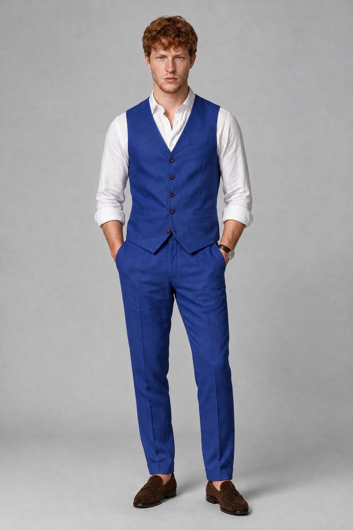 Bolodoo Men's Royal Blue 2-Piece Vest and Pants Set with V-Neck Waistcoat - Royal Blue - Royal Blue_2