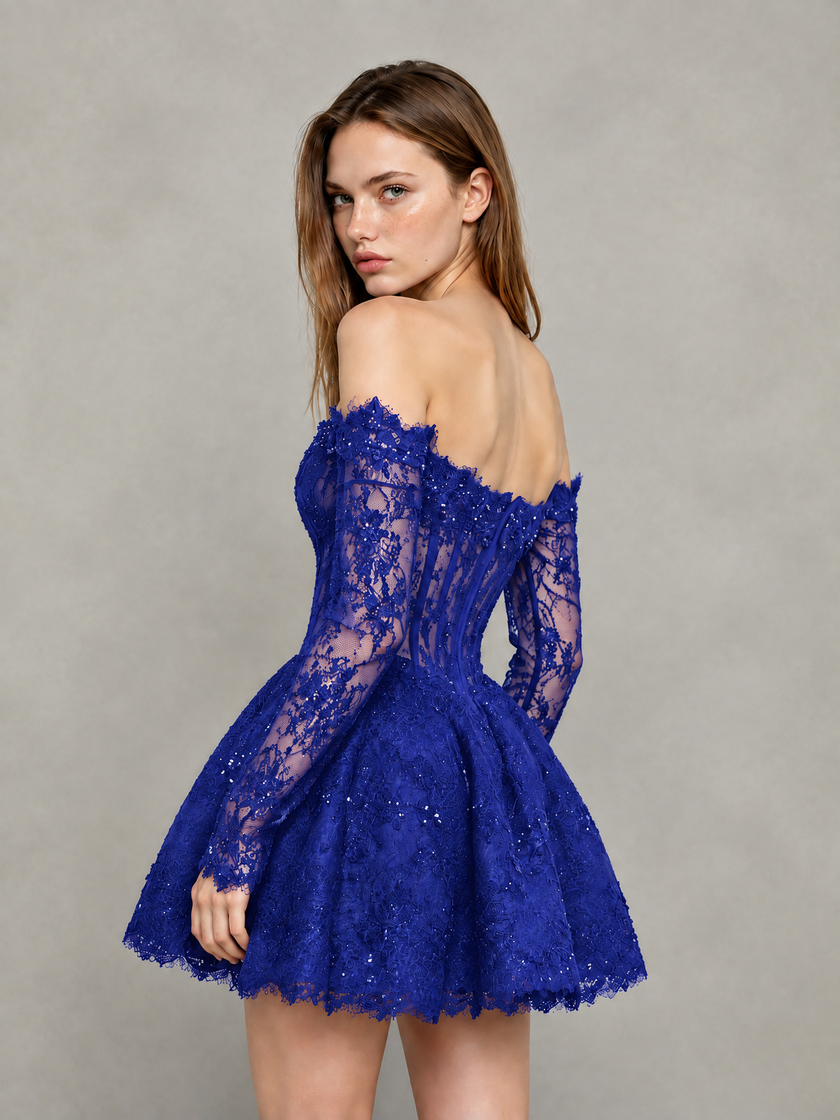 BOLODOO Royal Blue Off-Shoulder Long Sleeve Sheer Lace Sequin Corset A-Line Mini Dress | Open Back Cocktail Party Dress - Royal Blue
