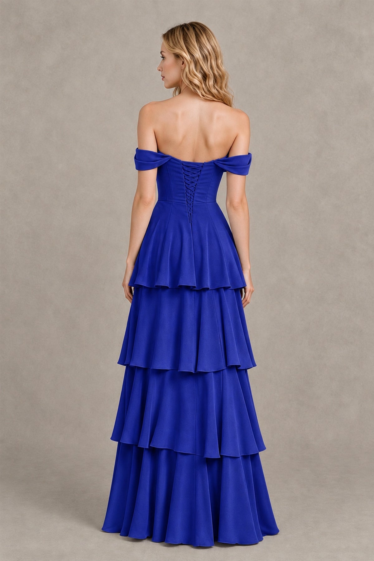 BOLODOO Royal Blue Off-the-Shoulder Tiered A-Line Evening Bridesmaid Dress - Royal Blue - Royal Blue_2