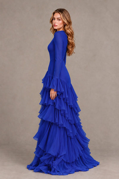 Royal Blue Long Sleeve Tiered Ruffle Evening Gown - Royal Blue - Royal Blue_2