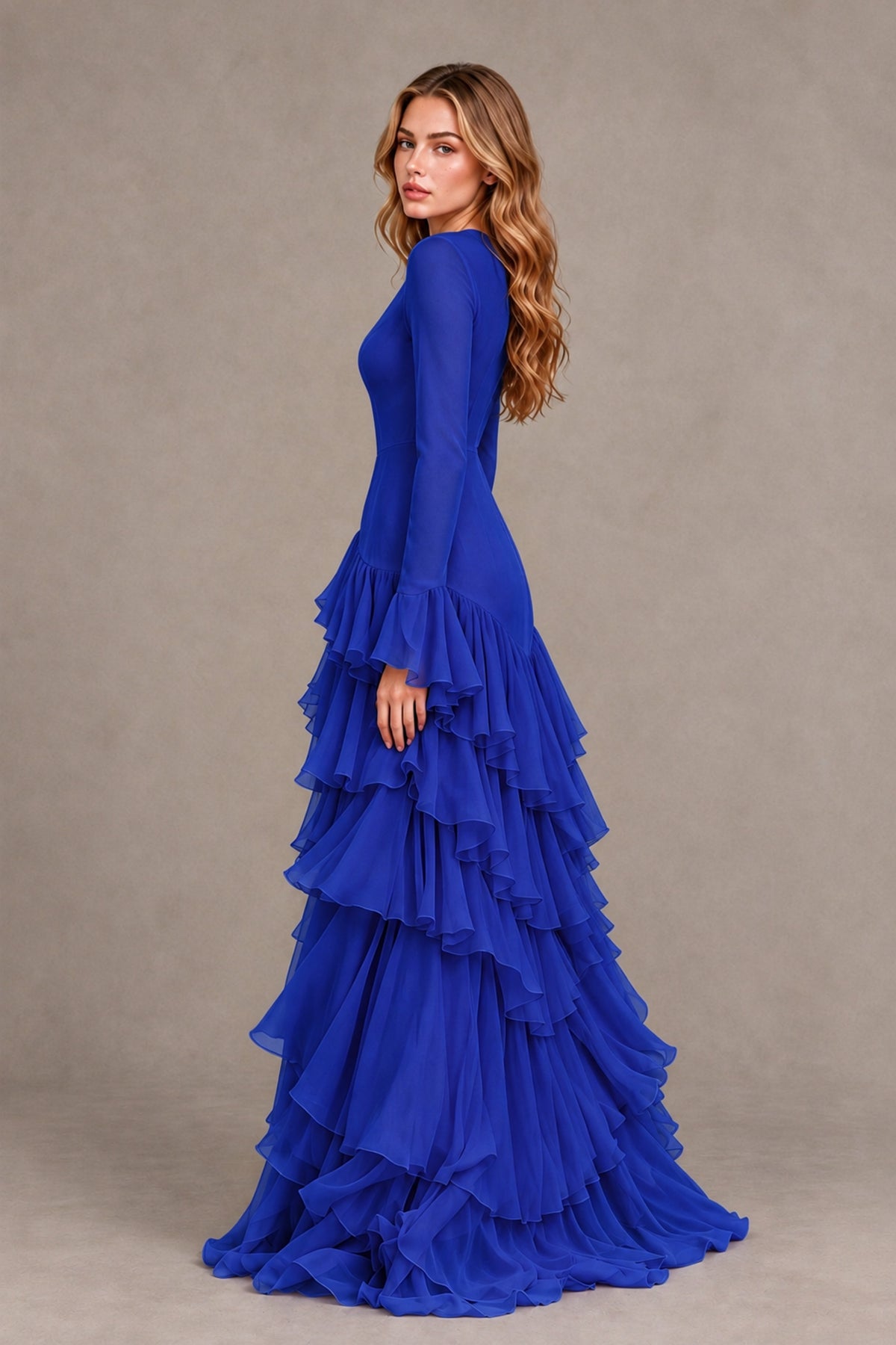 Royal Blue Long Sleeve Tiered Ruffle Evening Gown - Royal Blue - Royal Blue_2