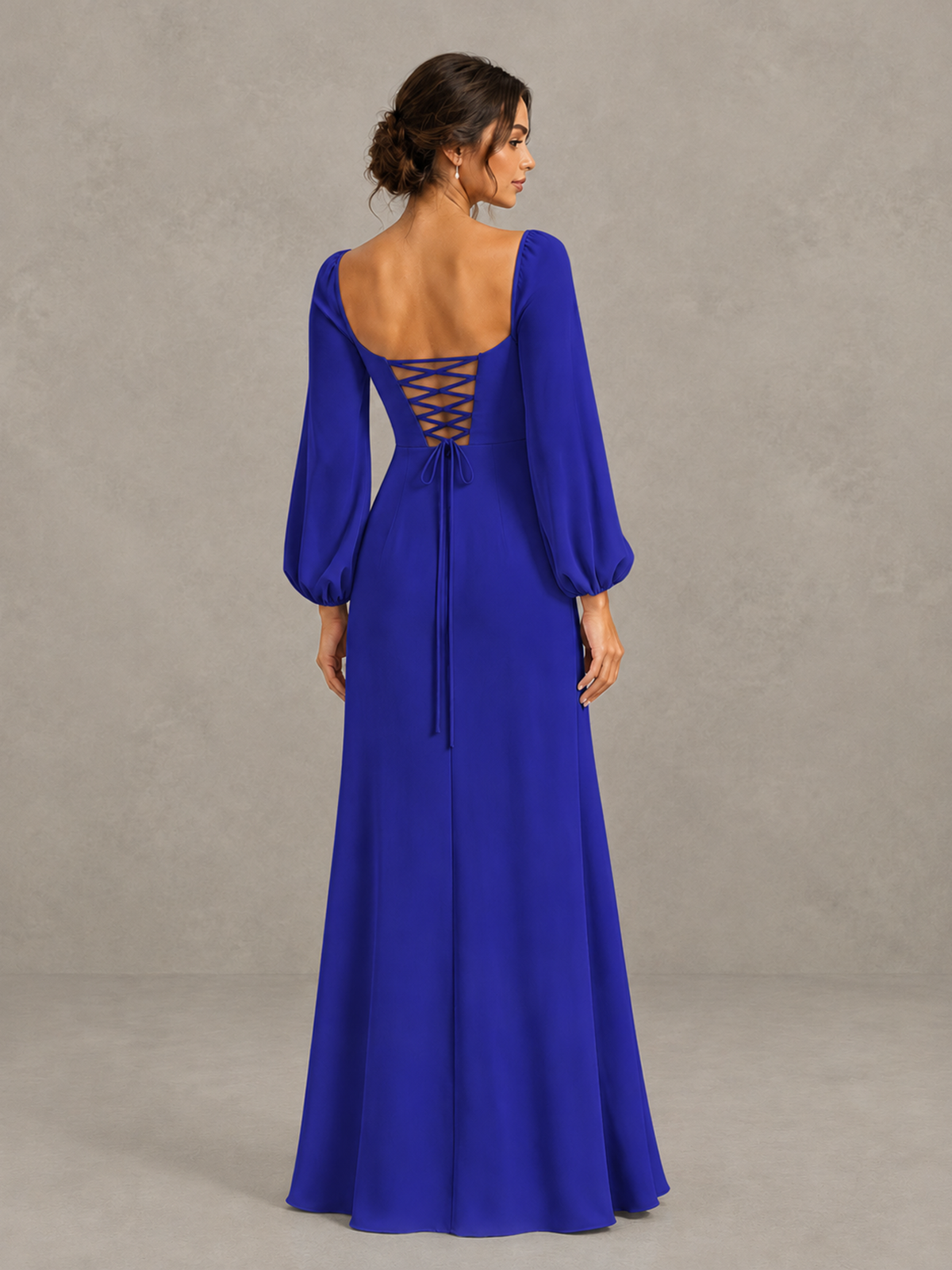 BOLODOO Royal Blue Square Neck Long Sleeve Bridesmaid Dress with High Slit - Royal Blue - Royal Blue_2