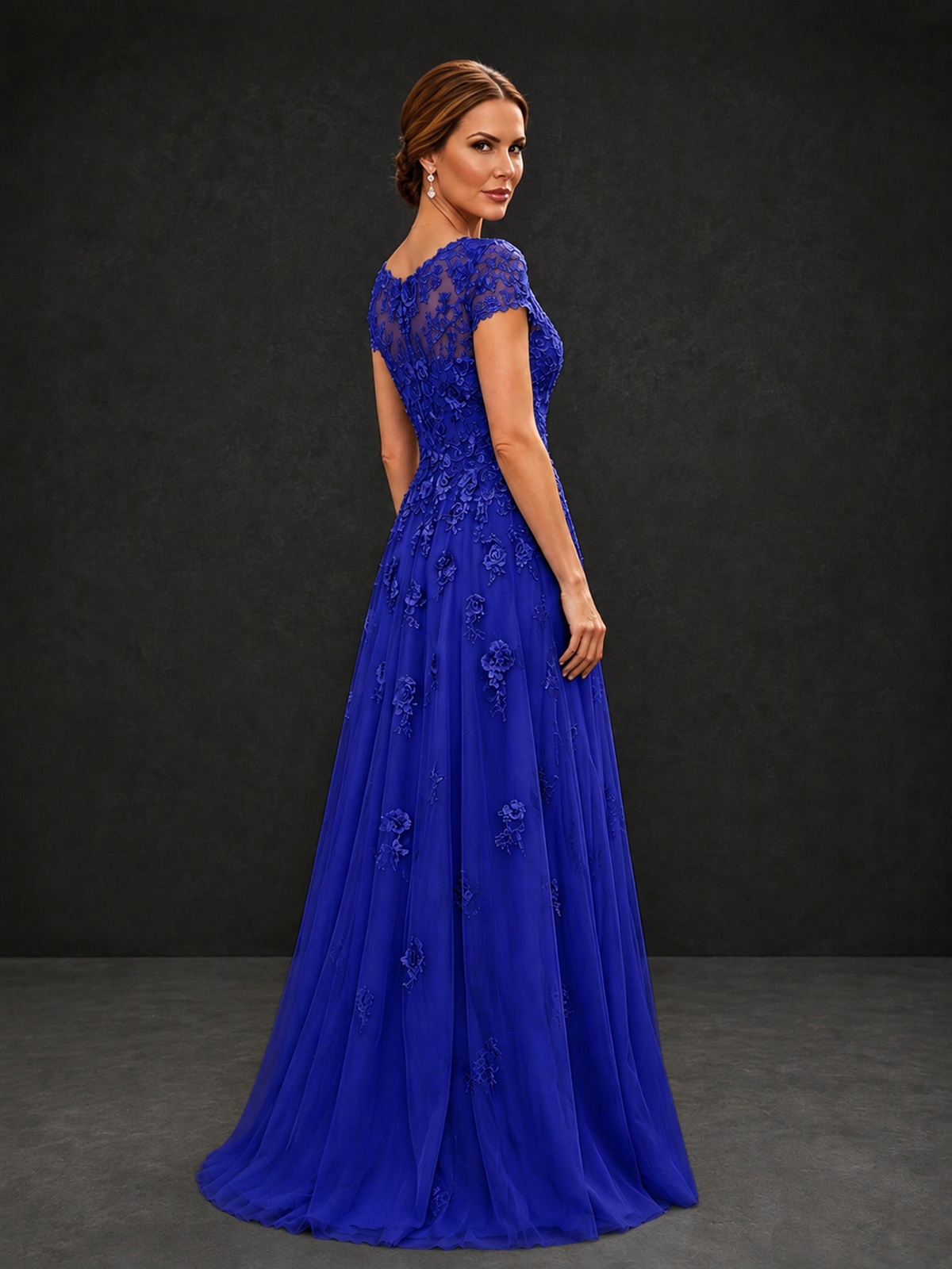 BOLODOO Royal Blue Cap Sleeve Lace Appliqué A-Line Formal Gown | Mother of the Bride Dress - Royal Blue - Royal Blue_2