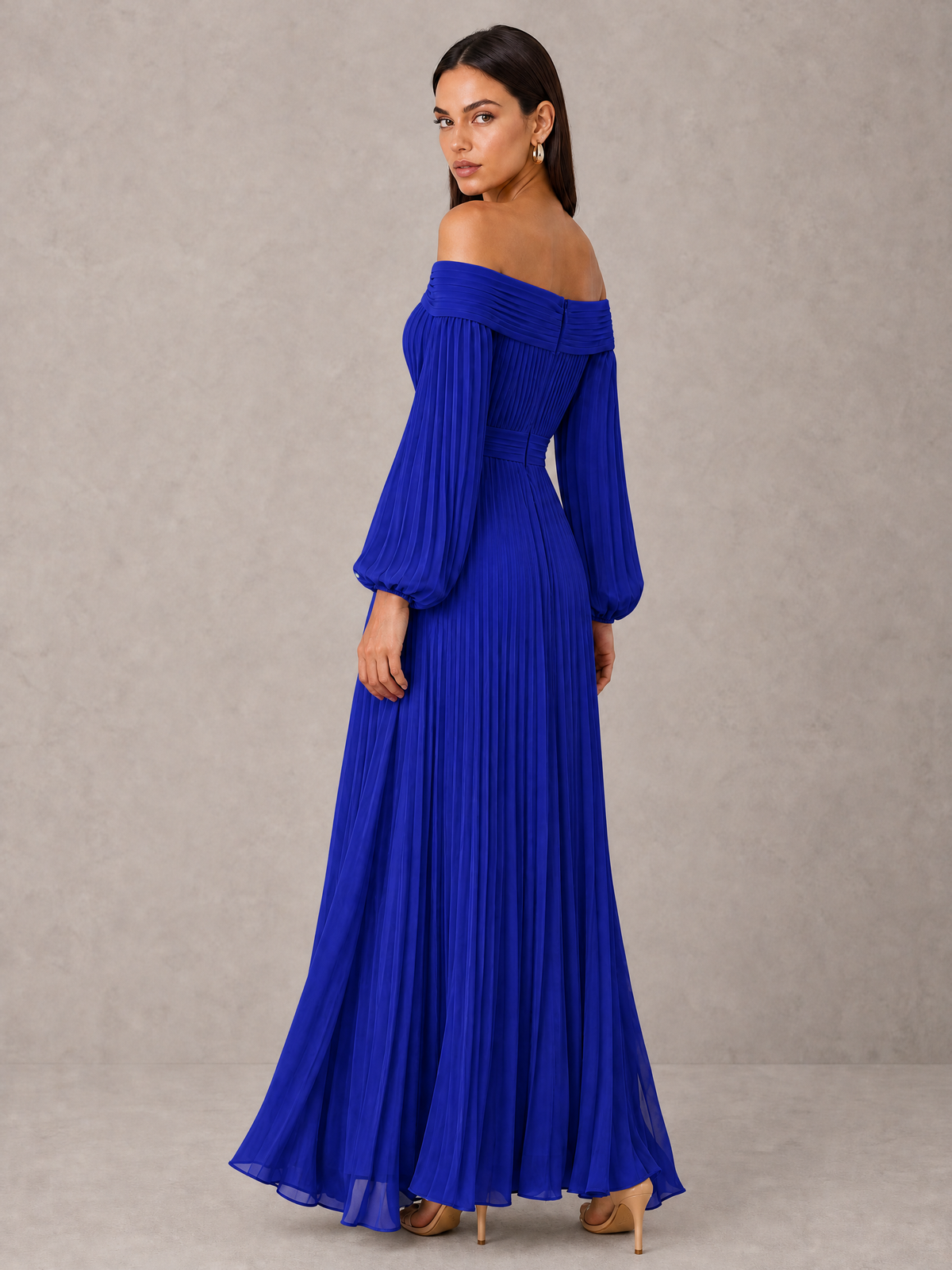 BOLODOO Royal Blue Off-Shoulder Long Sleeve Pleated High-Low Dress - Royal Blue - Royal_Blue_2