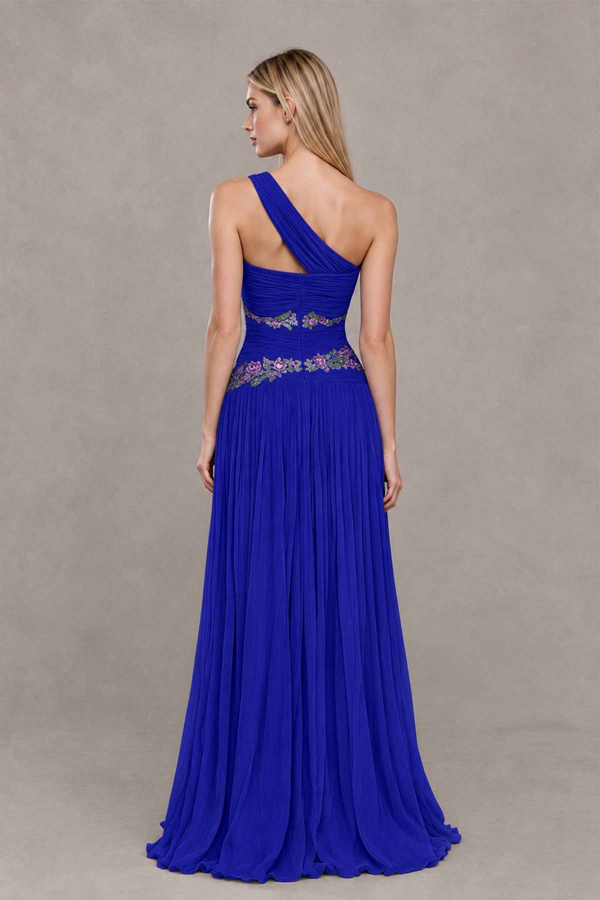 BOLODOO Royal Blue One-Shoulder Floral Applique A-Line Evening Dress - Royal Blue - Royal Blue_2