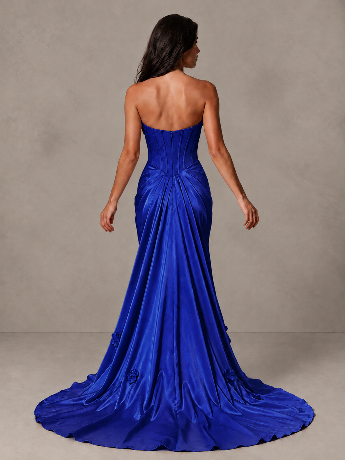 BOLODOO Royal Blue Strapless Floral Corset Evening Gown with Train - Royal Blue - Royal Blue_2