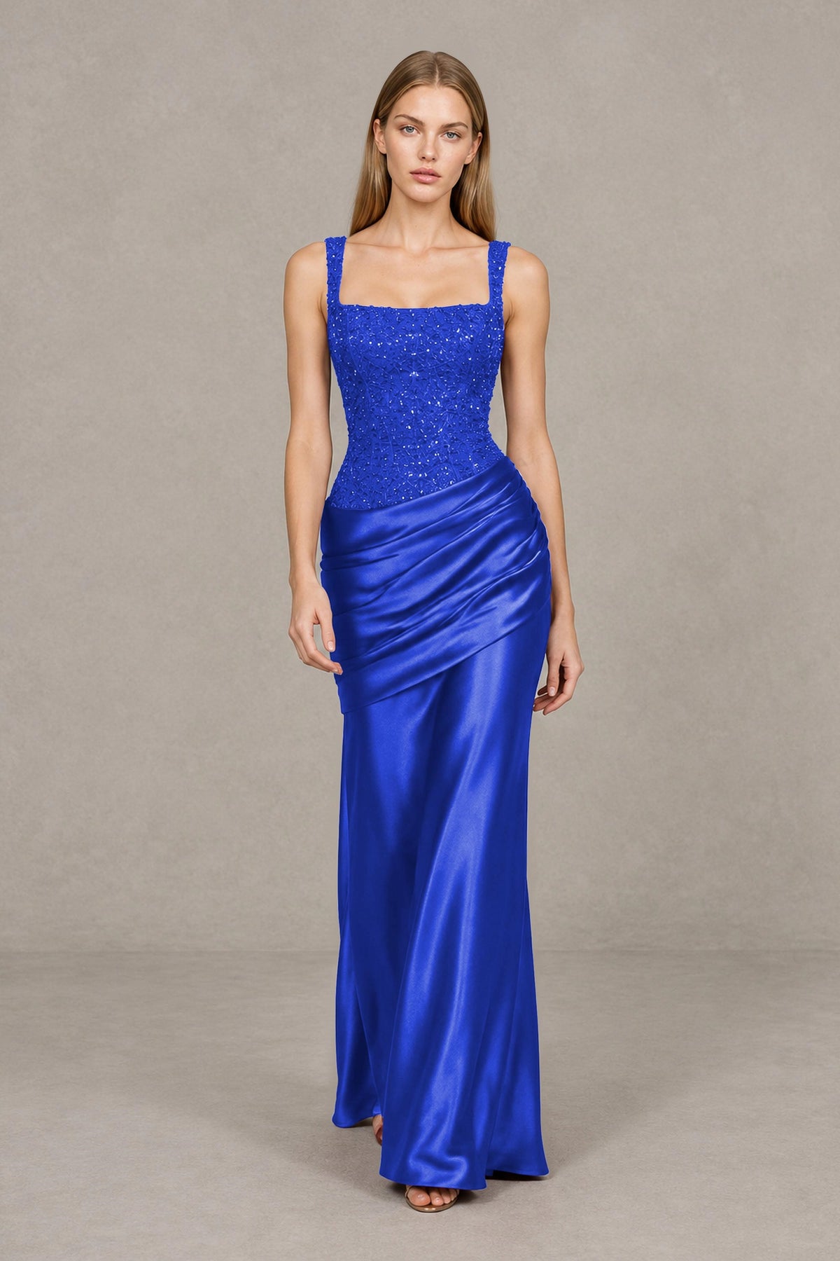 BOLODOO Royal Blue Square Neck Embellished Satin Evening Gown - Royal Blue