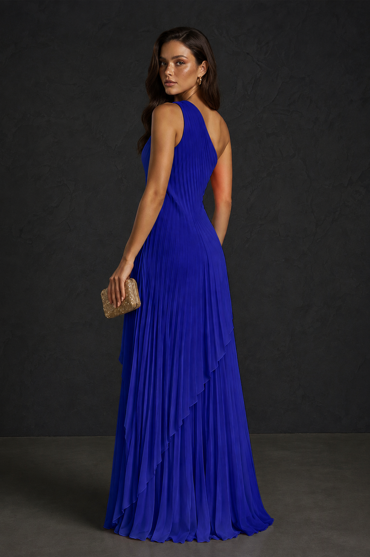 BOLODOO Royal Blue One-Shoulder Sunburst Pleated Asymmetric Layered Overlay Accordion Pleated Chiffon Maxi Dress - Royal Blue