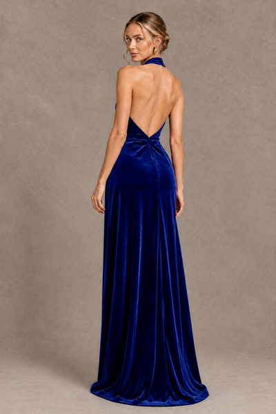 BOLODOO Royal Blue Velvet Halter Open-Back Ruched Evening Dress - Royal Blue - Royal Blue_2