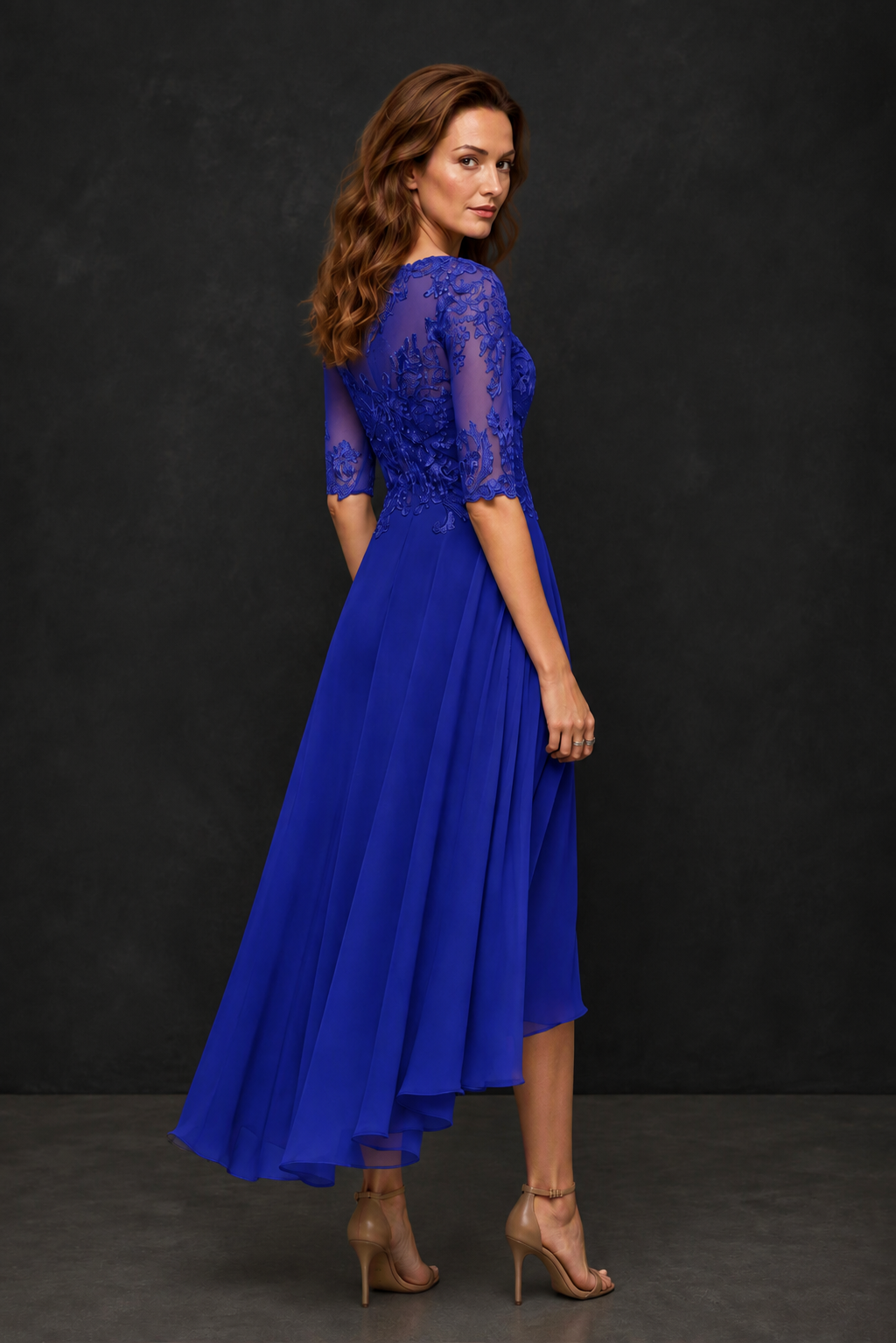 BOLODOO Royal Blue Illusion Lace 3/4 Sleeve Hi-Lo Chiffon A-Line Dress | Mother of the Bride Tea Length Dress - Royal Blue
