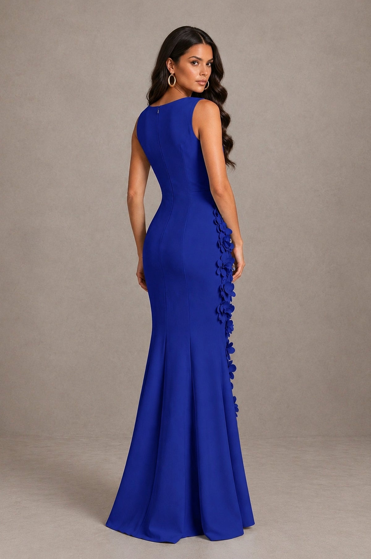 BOLODOO Royal Blue Bateau Neck Sleeveless Asymmetric Peplum 3D Petal Appliqué Mermaid Gown BD0421 - Royal Blue - Royal Blue_2