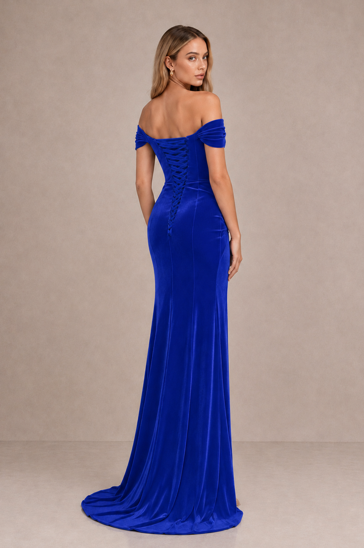BOLODOO Royal Blue Velvet Off-Shoulder Ruched High Slit Evening Dress - Royal Blue - Royal_Blue_2