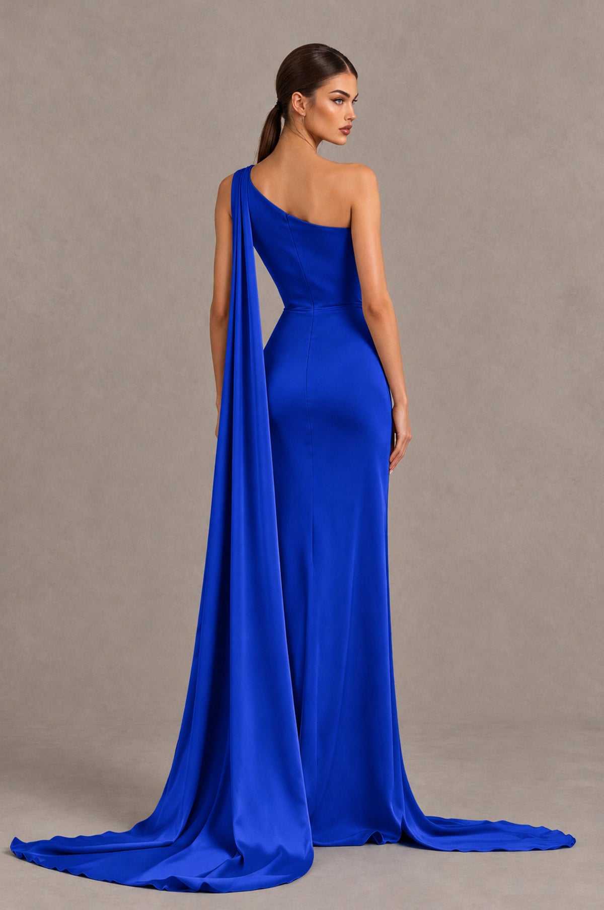 BOLODOO Royal Blue One Shoulder Satin Evening Dress with High Slit and Draped Cape Train - Royal Blue - Royal Blue_2