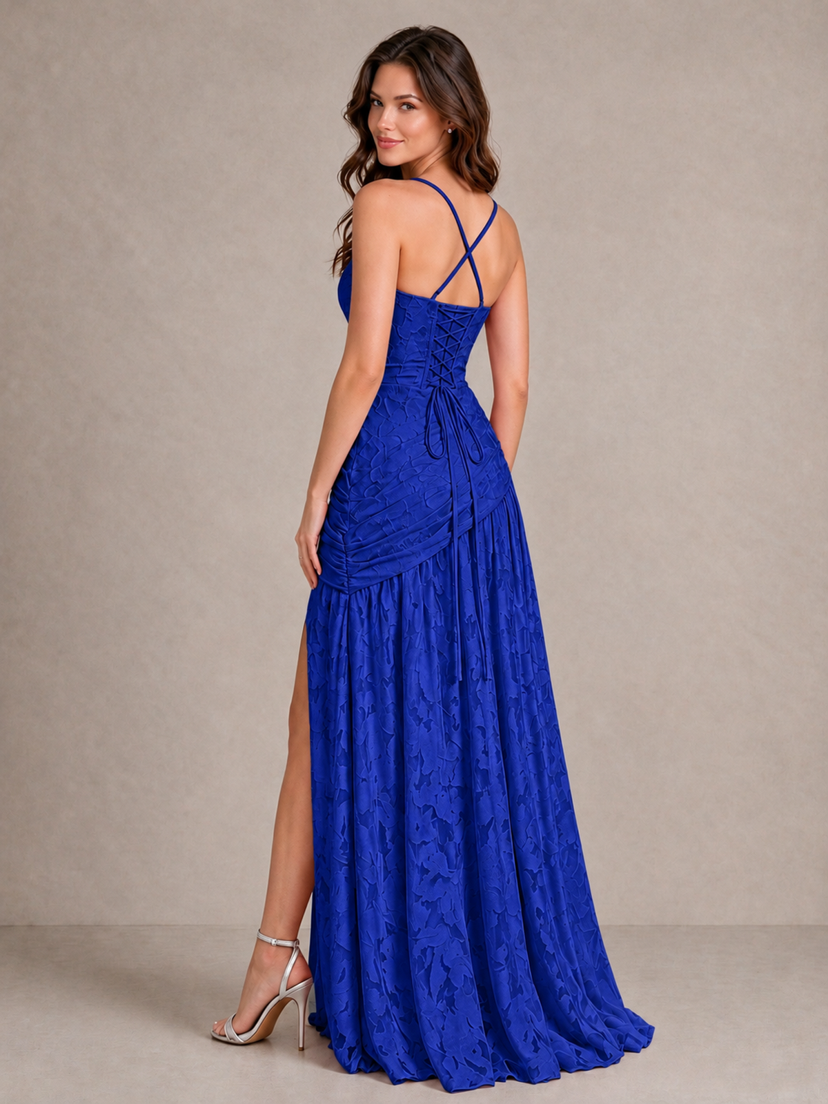 BOLODOO Royal Blue Floral Jacquard Bridesmaid Dress with Square Neck, Lace-Up Back & High Slit - Royal Blue - Royal Blue_2