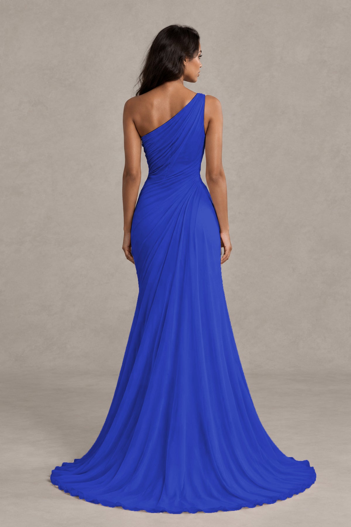 BOLODOO Royal Blue One-Shoulder Floral Ruched Maxi Dress - Royal Blue