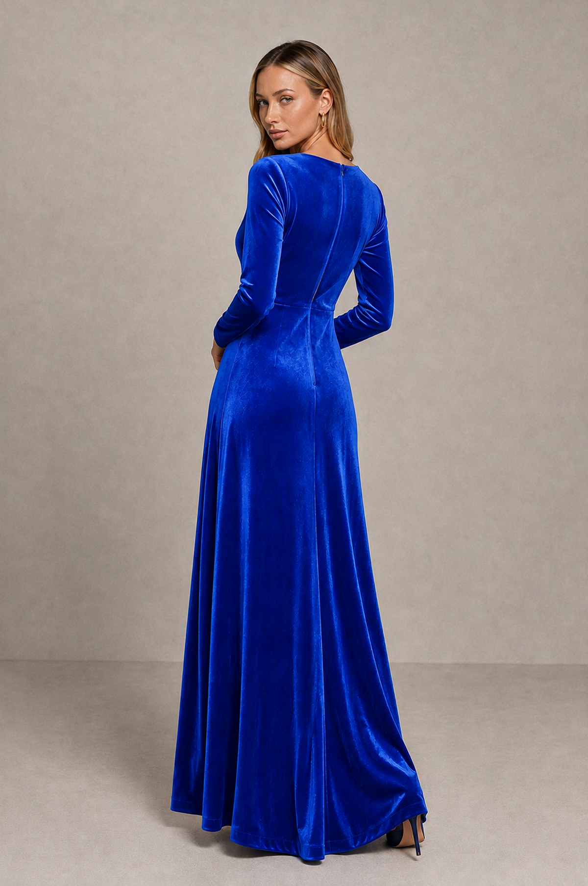 BOLODOO Royal Blue Velvet Long Sleeve V-Neck Ruched Evening Dress - Royal Blue - Royal_Blue_2