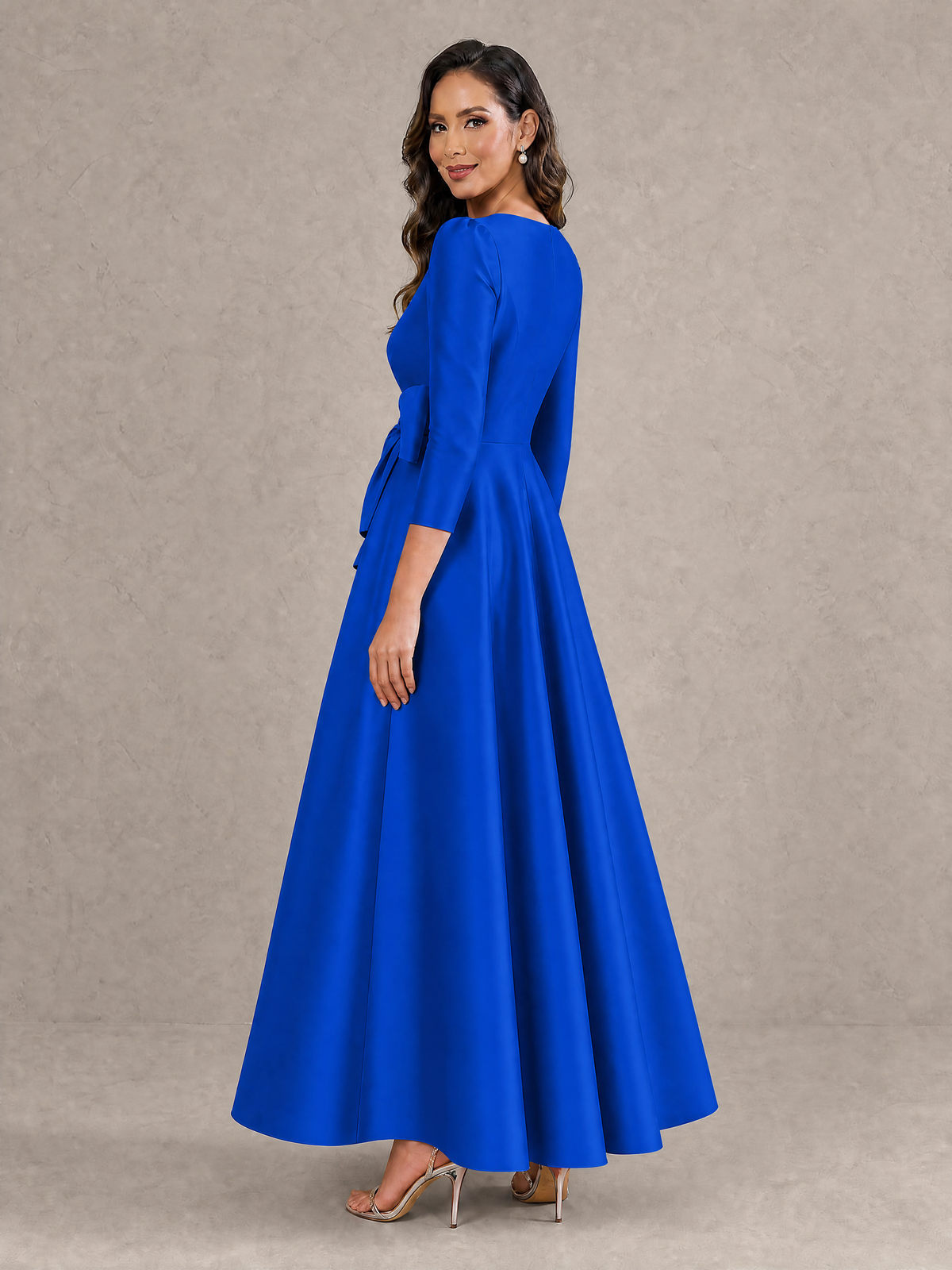 BOLODOO Royal Blue Satin Deep V-Neck Wrap 3/4 Puff Sleeve A-Line Ball Gown Maxi Dress with Oversized Bow Belt - Royal Blue