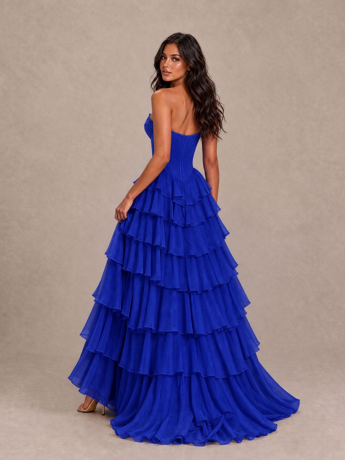 BOLODOO Royal Blue Strapless Corset Tiered Ruffle Prom Dress with High Slit - Royal Blue - Royal Blue_2