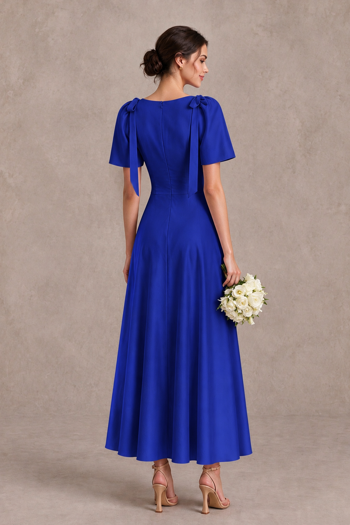 BOLODOO Royal Blue V-Neck Short Sleeve Satin-Look Bridesmaid Dress with Shoulder Bows - Royal Blue - Royal Blue_2