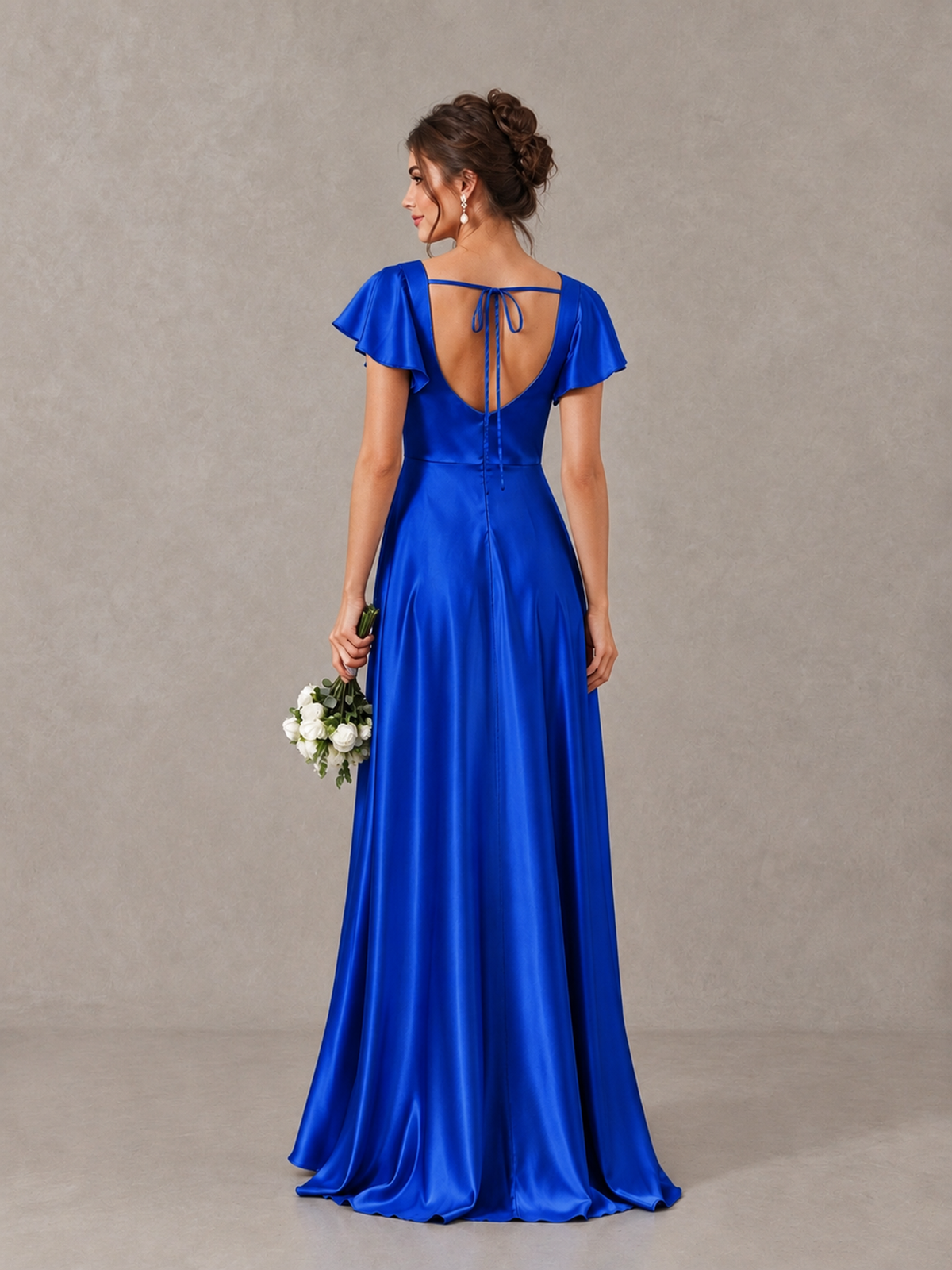 BOLODOO Royal Blue Satin Square Neck Flutter Sleeve A-Line Bridesmaid Dress with Slit - Royal Blue - Royal Blue_2