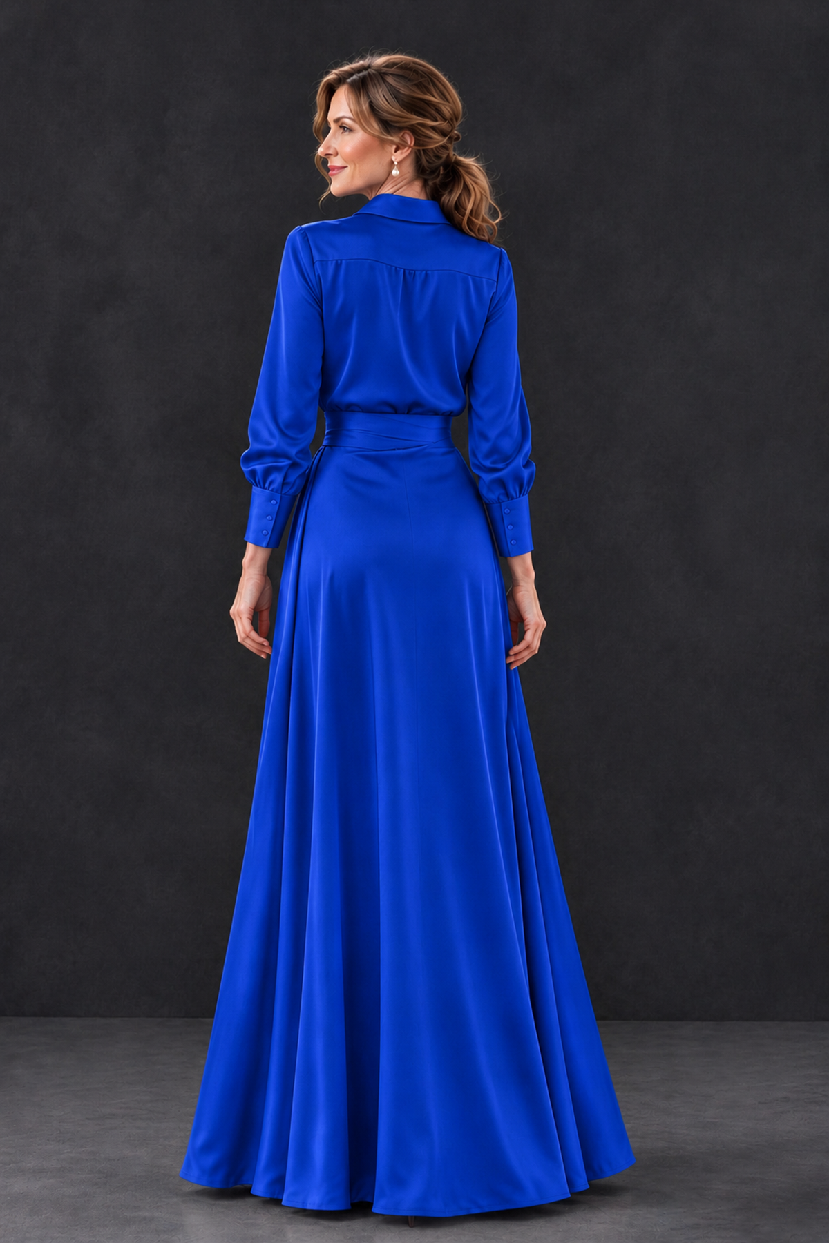 BOLODOO Royal Blue Long Sleeve Satin-Look Lace Panel Gown - Royal Blue - Royal Blue_2