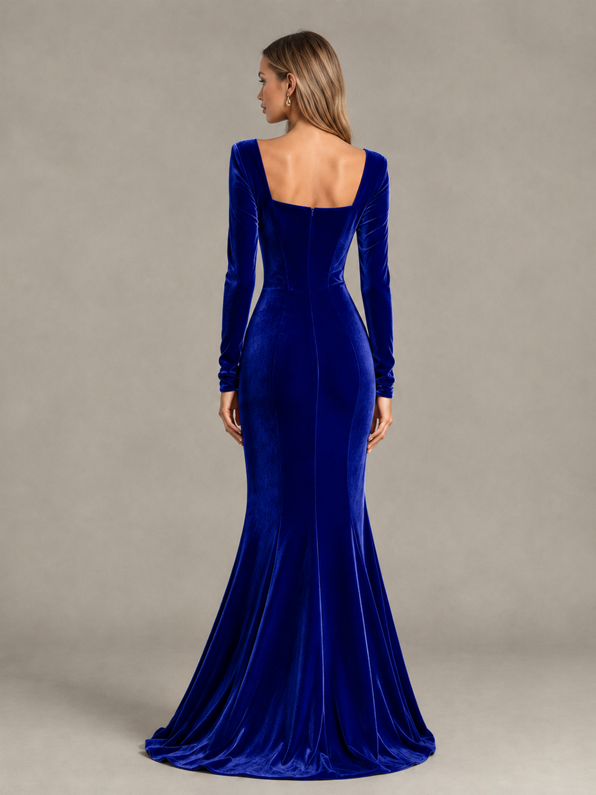BOLODOO Royal Blue Velvet-Look Square Neck Long Sleeve Mermaid Evening Dress - Royal Blue - Royal Blue_2