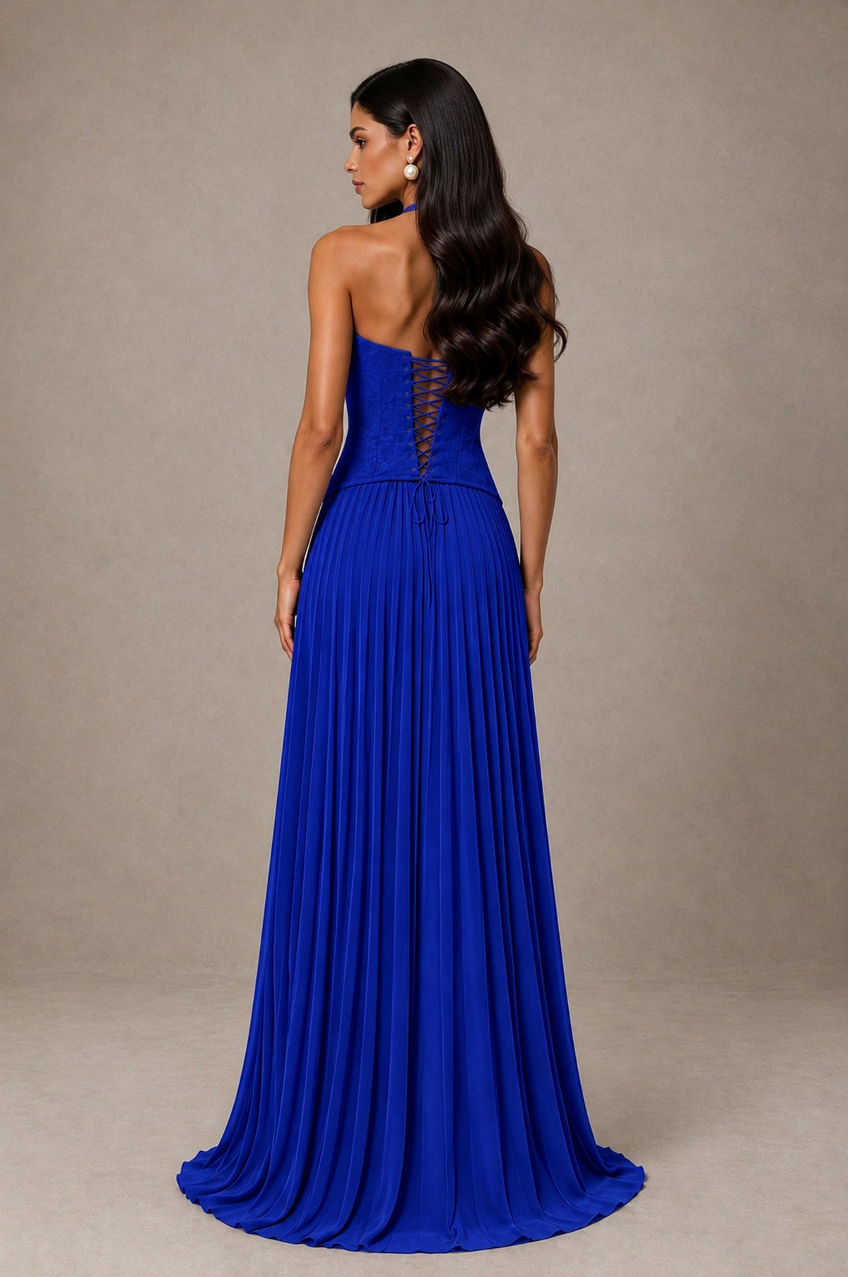 BOLODOO Royal Blue Halter Corset Pleated A-Line Evening Dress - Royal Blue - Royal Blue_2