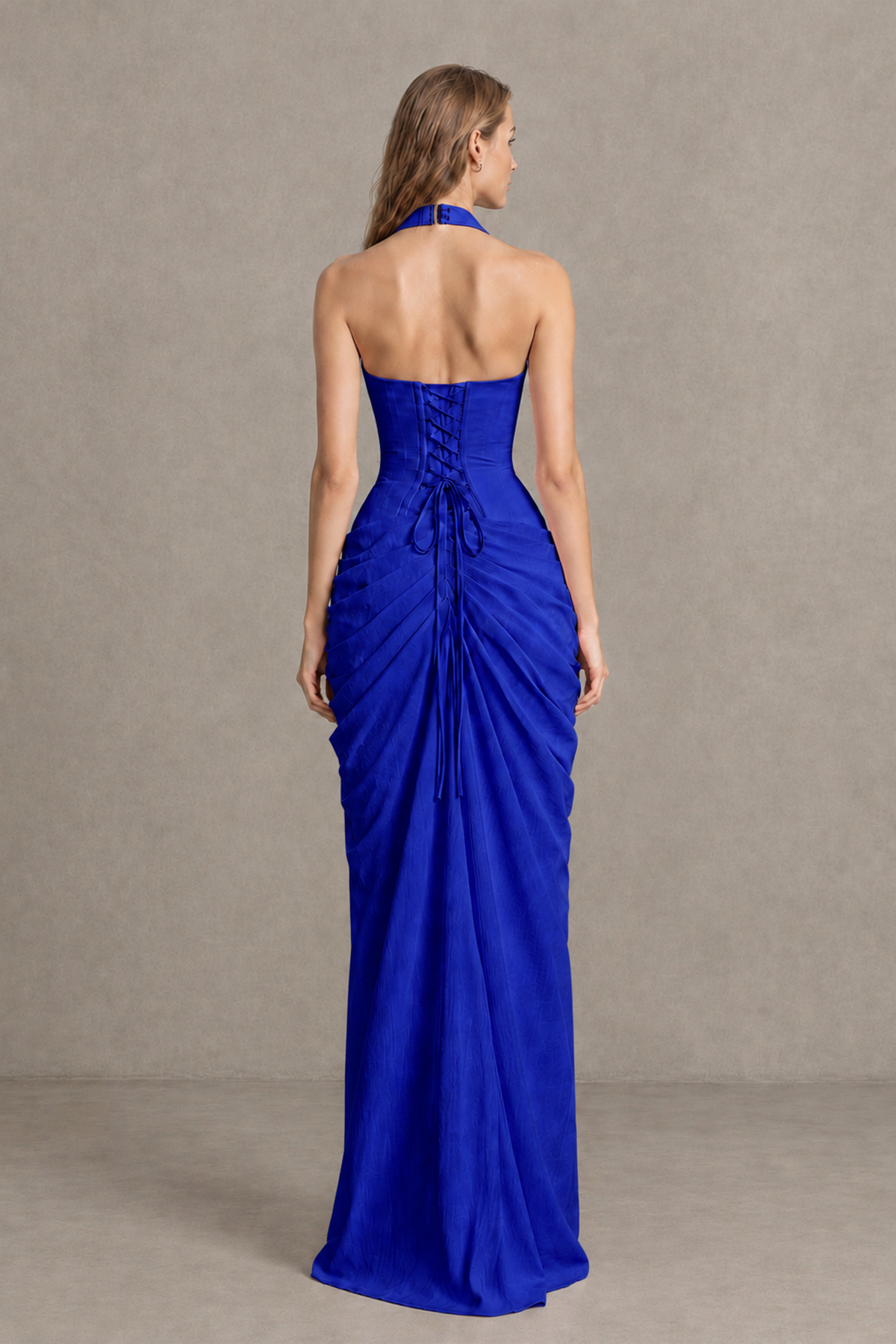 BOLODOO Royal Blue Halter Neck Ruched Maxi Dress with High Slit - Royal Blue - Royal_Blue_2