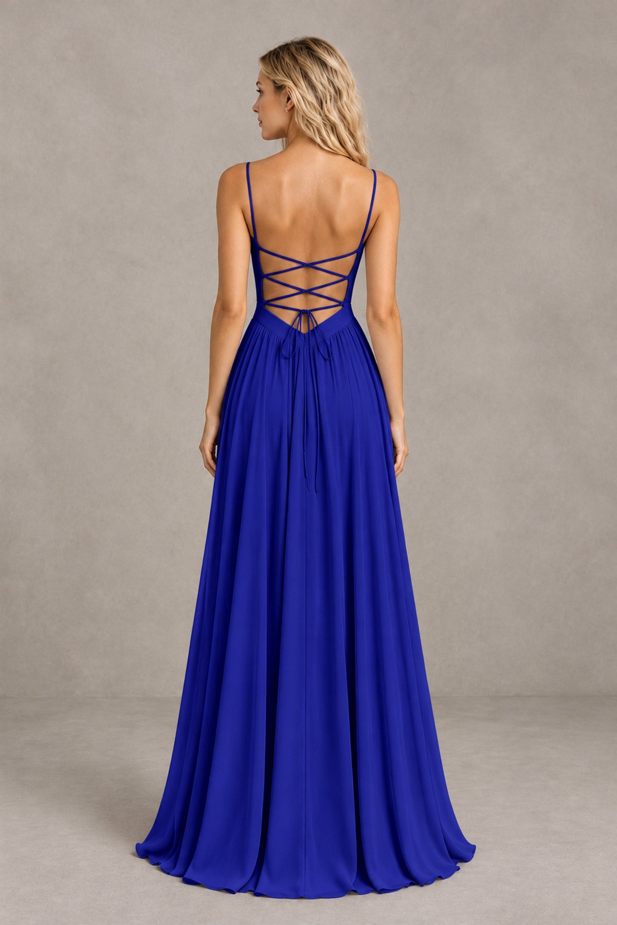 BOLODOO Royal Blue Spaghetti Strap A-Line Bridesmaid Dress with Slit - Royal Blue - Royal Blue_2