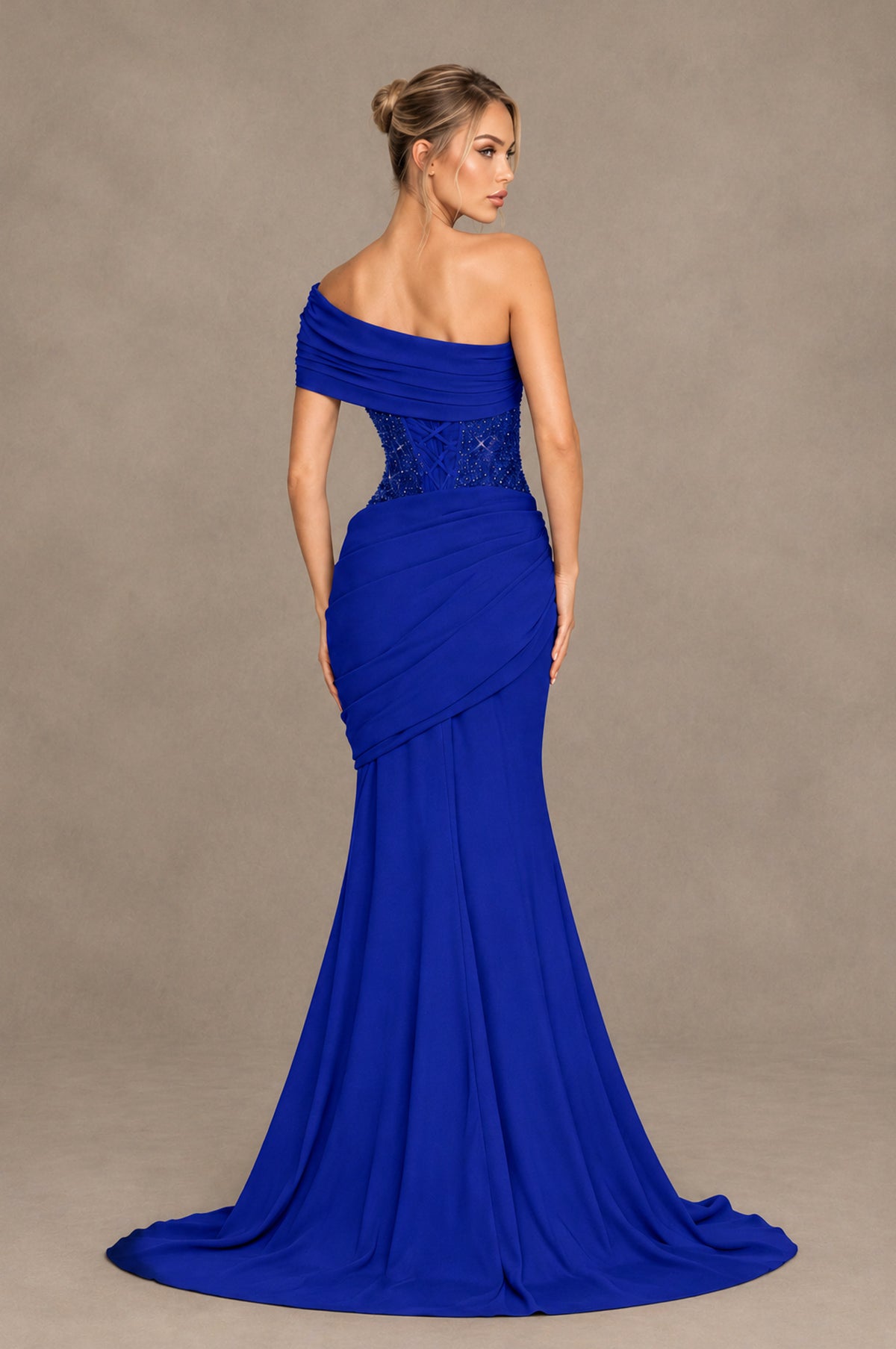 BOLODOO Royal Blue One-Shoulder Sequin Embroidered Ruched Mermaid Gown with Train - Royal Blue - Royal Blue_2